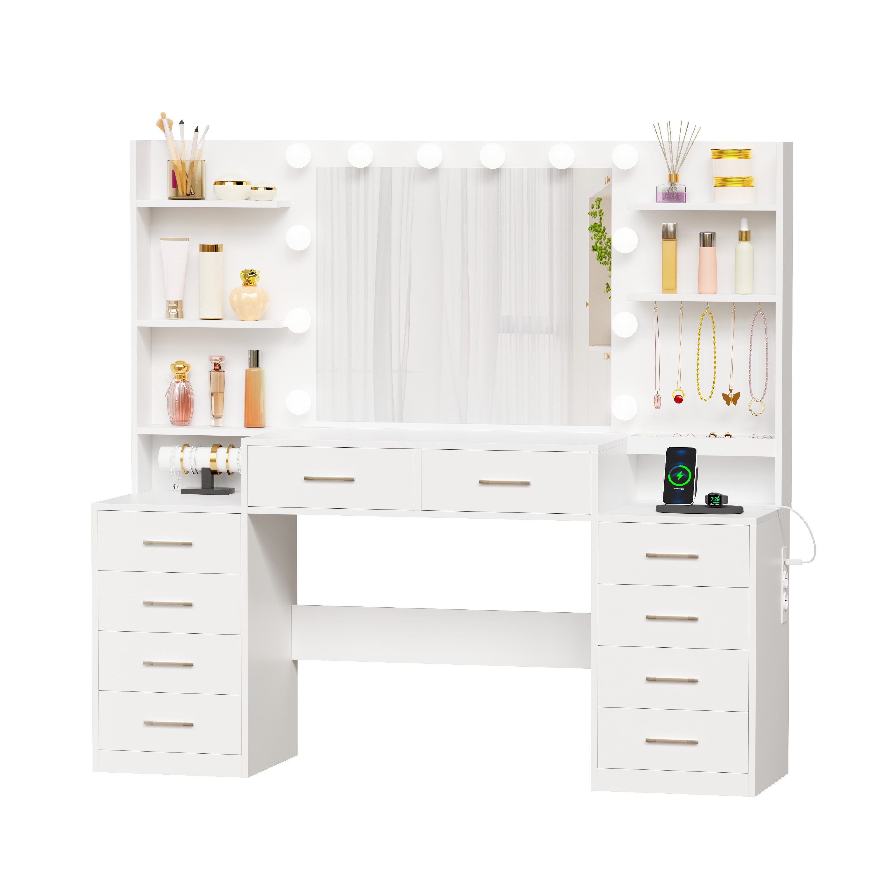 BEWISHOME Schminktisch Schminktisch mit Spiegel, LED-Beleuchtung und Ladestation (1-St), 10 Schubladen für optimale Aufbewahrung