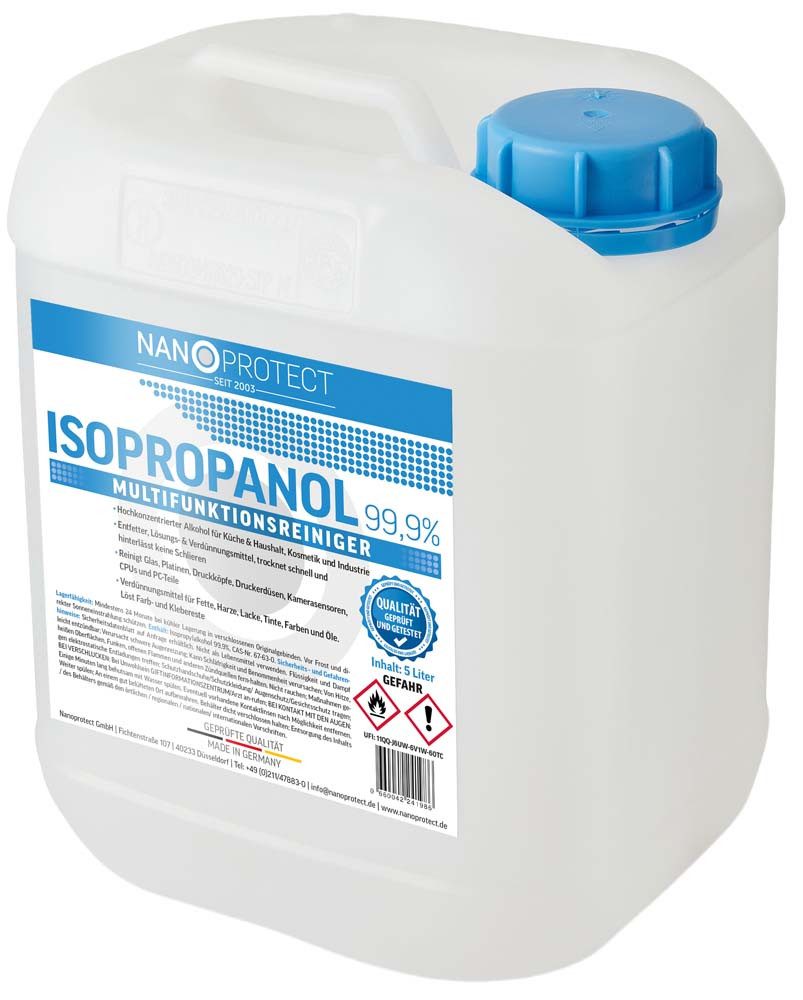 Nanoprotect Isopropanol 99,9% - 5 Liter, Hochprozentiger Isopropylalkohol Reinigungsalkohol (Großgebinde, [1-St. Premium IPA - Für Dentallabor und 3D-Drucker Made in Germany)