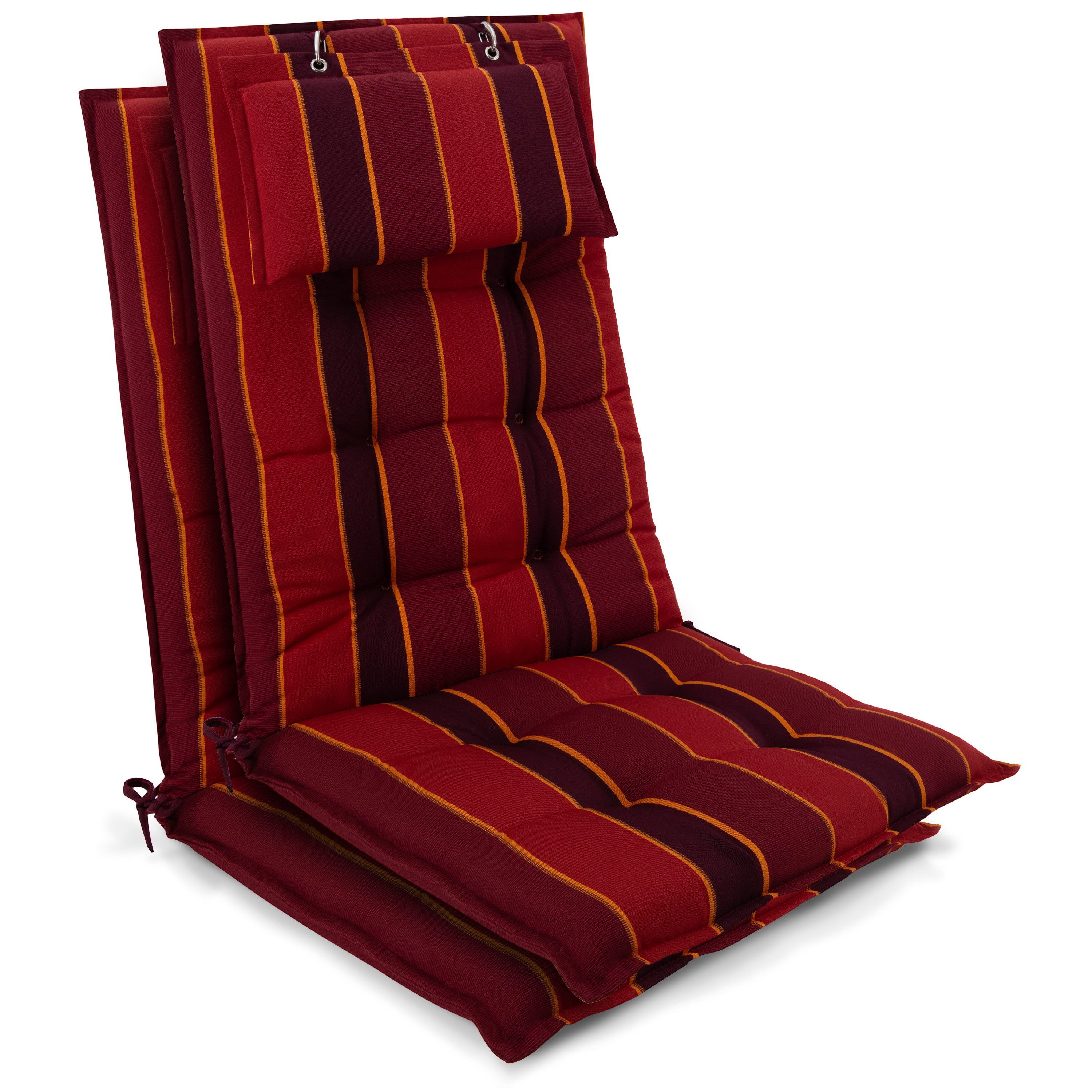 Beautissu Hochlehnerauflage 2er Set Sun-HL Hochlehner Auflage 120x50x8cm Rot-Anthrazit-Gestreift, Mit Kopfpolster, rutschfest & robust – Befestigungsbänder, UV 5
