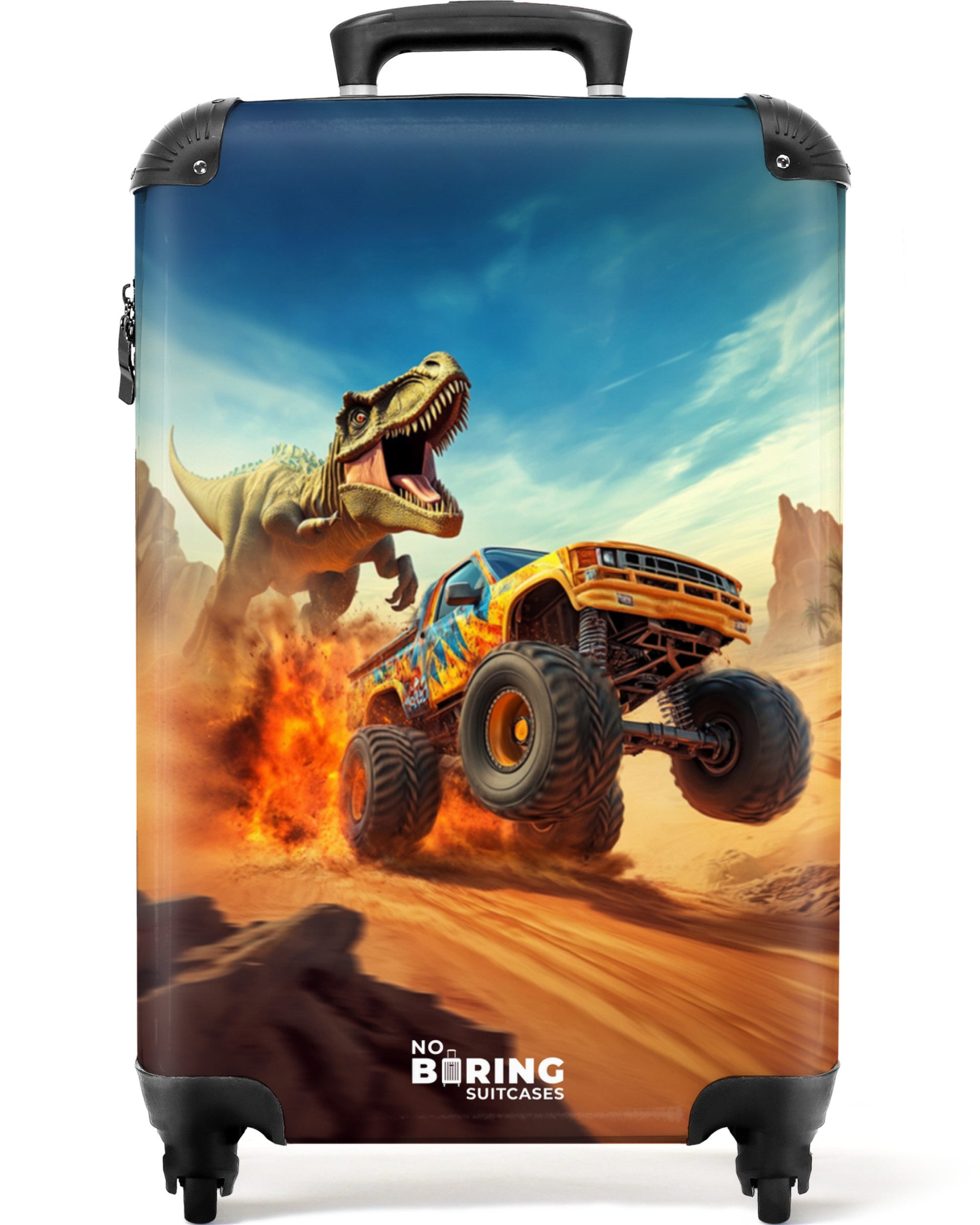 NoBoringSuitcases.com© Kinderkoffer Flüchtender Lkw nach T-Rex in feuriger Wüste 55x35x20cm, Handgepäck Koffer, Hartschalenkoffer Kinder, Reisekoffer Jungen