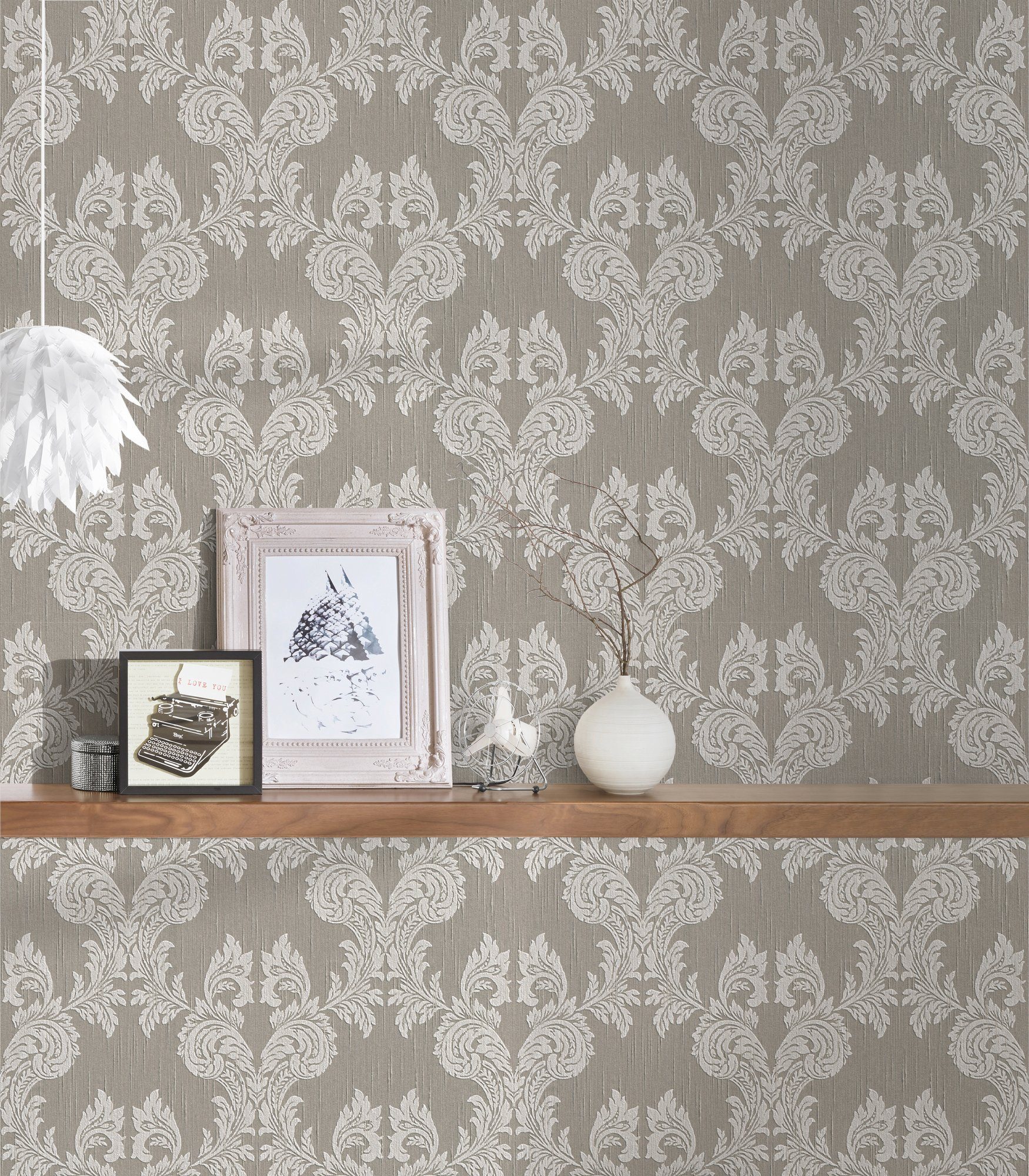 Paper samtig, Tessuto, Barock, floral, Création A.S. Barock Tapete grau/beige Textiltapete Architects