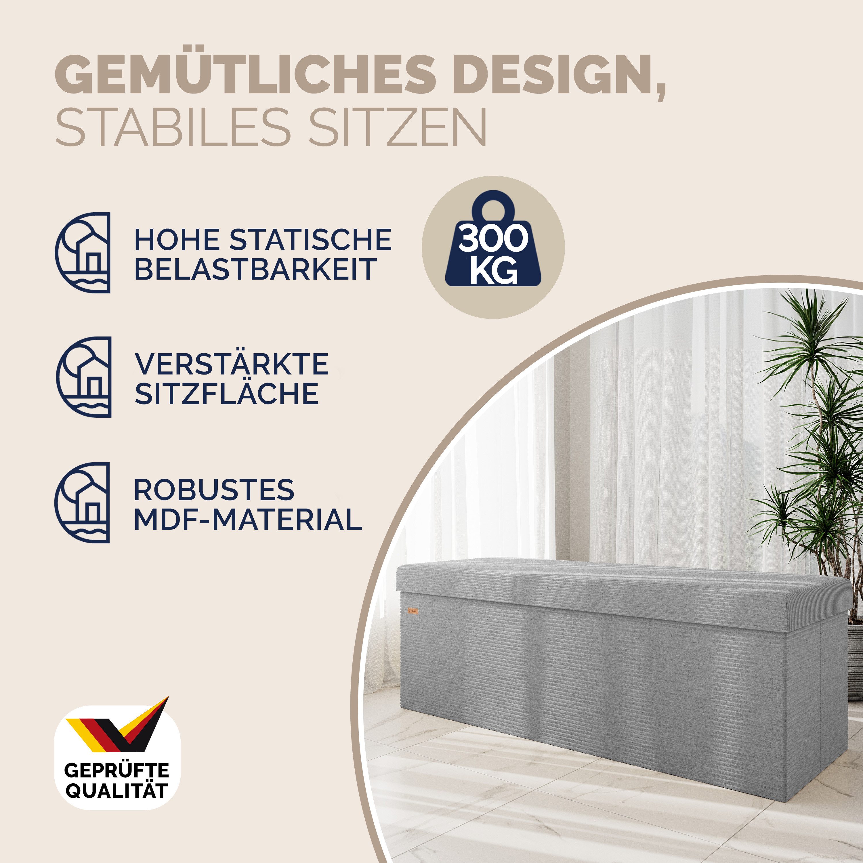 Casaria Sitzbank, Cord Grau Faltbar inkl. Boxen 114x38cm 300kg Belastbarkeit Wohnzimmer
