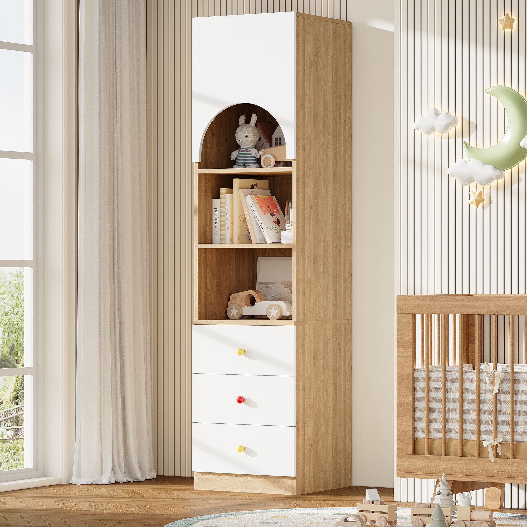 STILVORA Bücherregal Mehrstöckiges Ablageregal Aufbewahrungsregal, Keramikgriffen, Bücherregal mit Schubladen, hoch & schmal, platzsparend, staubdicht, kindgerecht