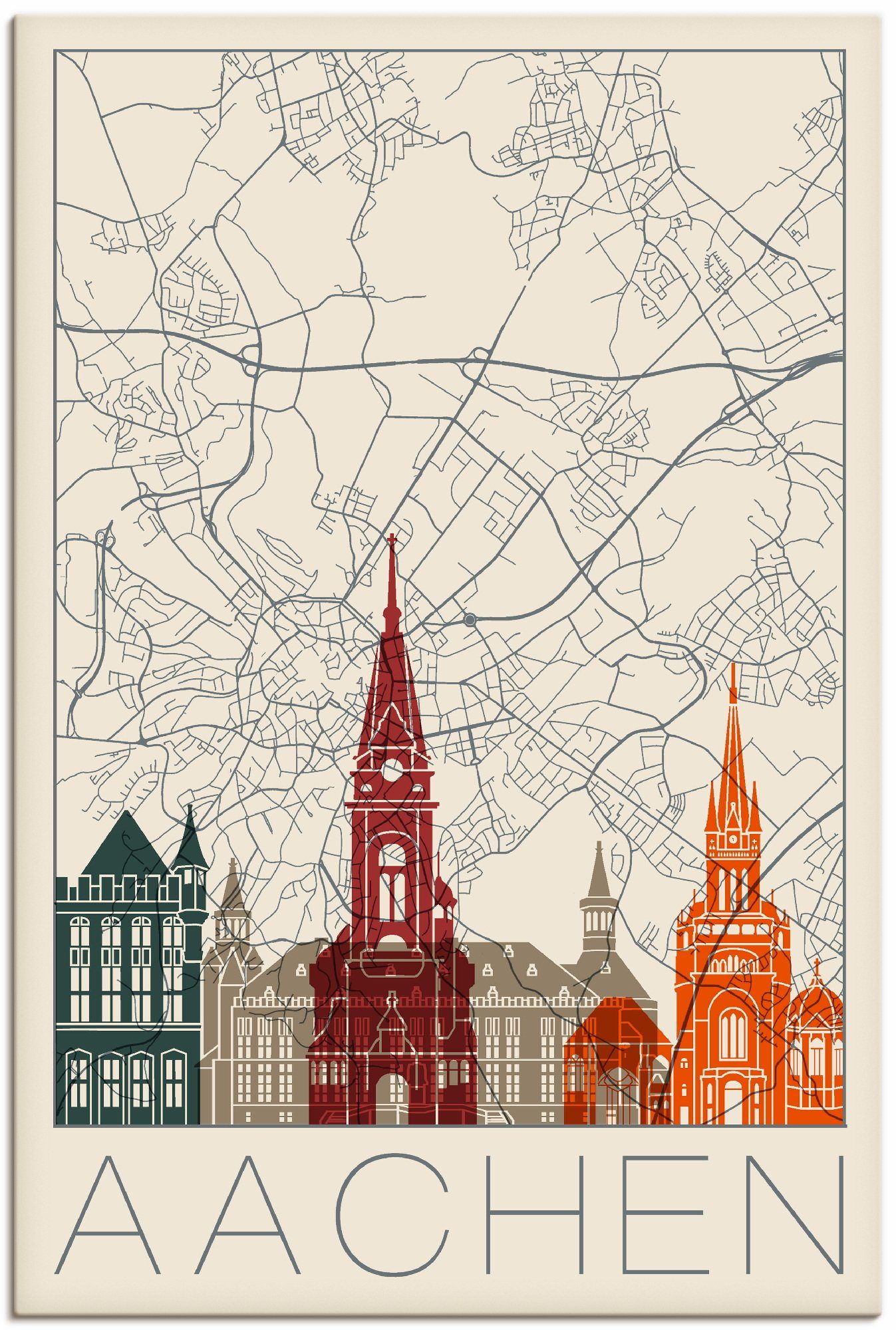 Artland Wandbild Retro Karte Aachen, Deutschland (1 St), als Alubild,  Leinwandbild, Wandaufkleber oder Poster in versch. Größen