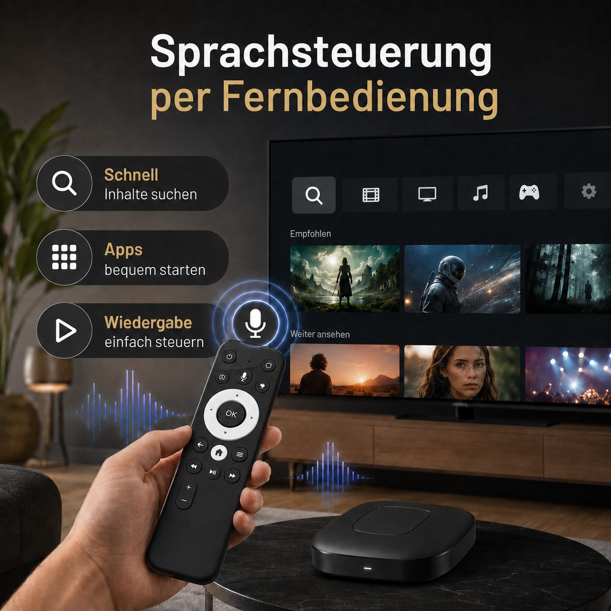 HS.SUPPLY Streaming Boxen 4K Streaming Box mit Sprachsteuerung, Dual-WLAN, HDR & Bluetooth 5.0, (Komplett-Set), 4K-UHD-Wiedergabe, HDR-Unterstützung, Screen Mirror