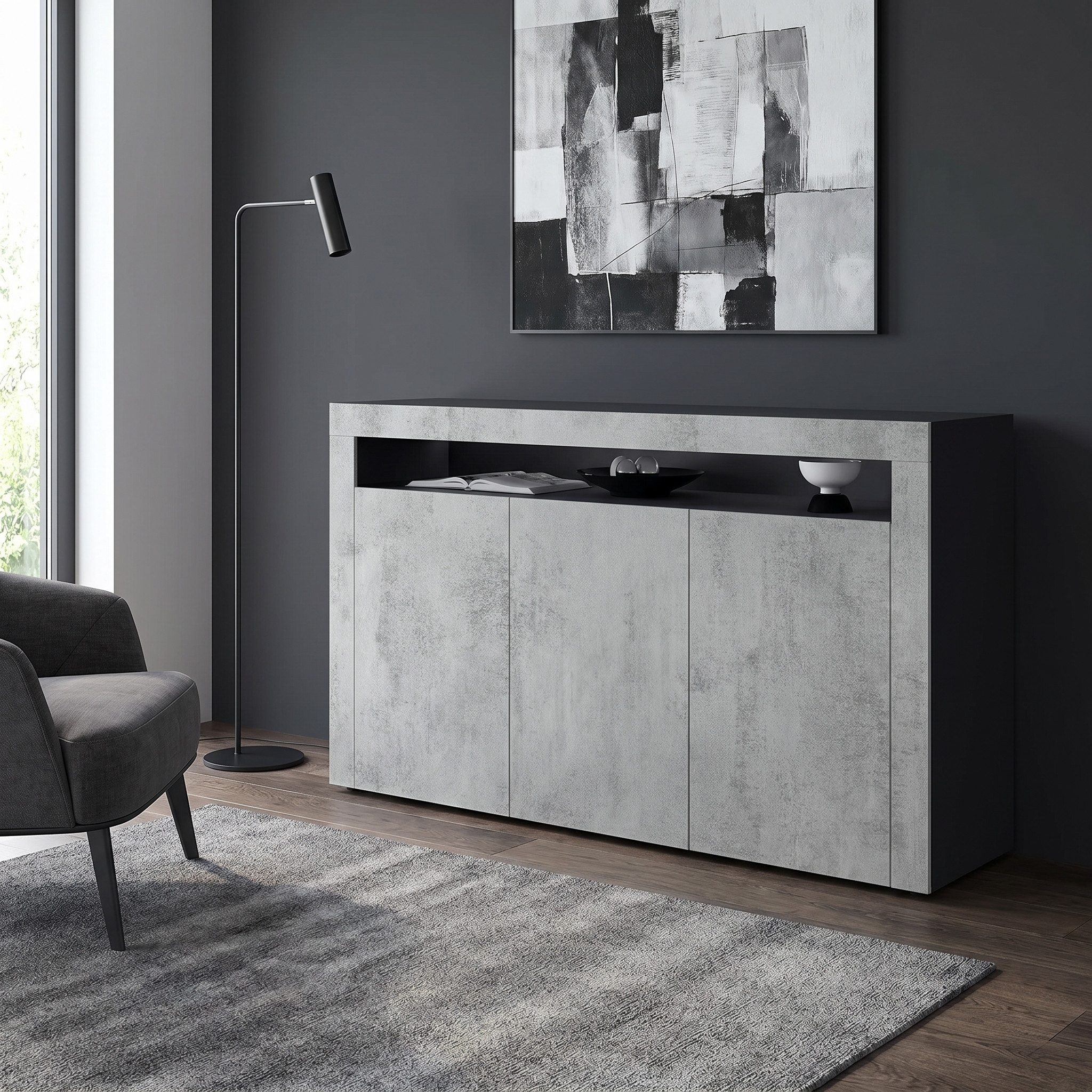 Vladon Sideboard Valencia (Sideboard, mit 3 Türen und 1 offenem Fach), Schwarz matt/Beton Oxid Optik/Beton Oxid Optik (155 x 92 x 40 cm)