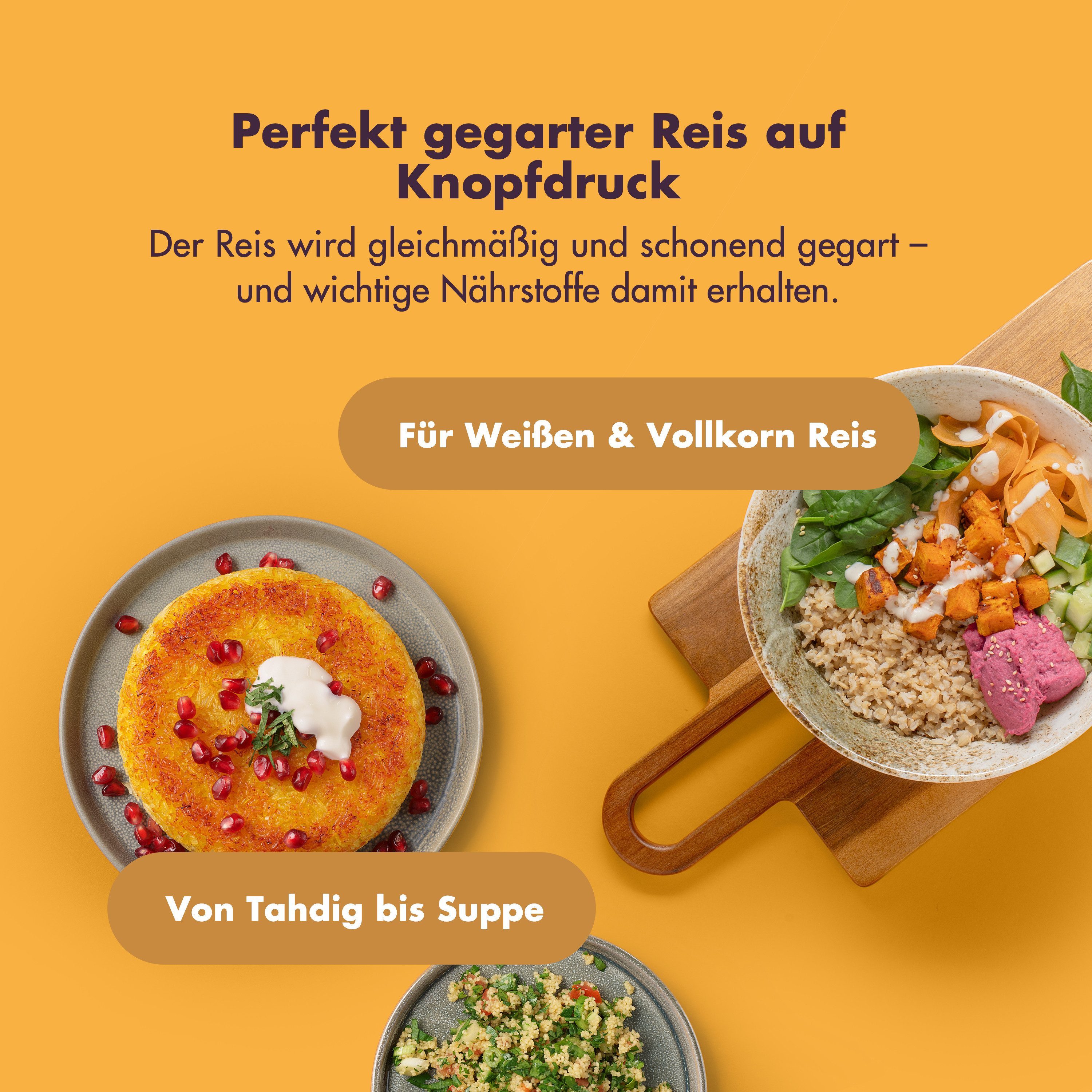 Reishunger Reiskocher großes digitales Modell – 1,5 L – Multikocher – 12 Programme –, 860 W, Timer- und Warmhaltefunktion, 7-Kochphasen-Technologie, LED-Display