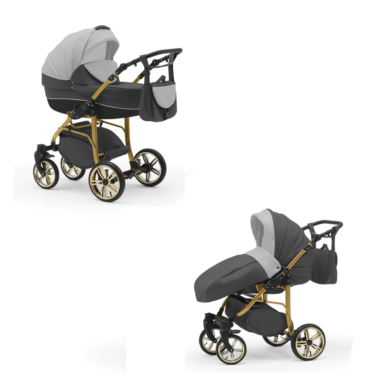 babies-on-wheels Kombi-Kinderwagen 2 in Cosmo in Teile 46 Grau-Dunkelgrau-Schwarz ECO 1 13 Farben Kinderwagen-Set Gold - 