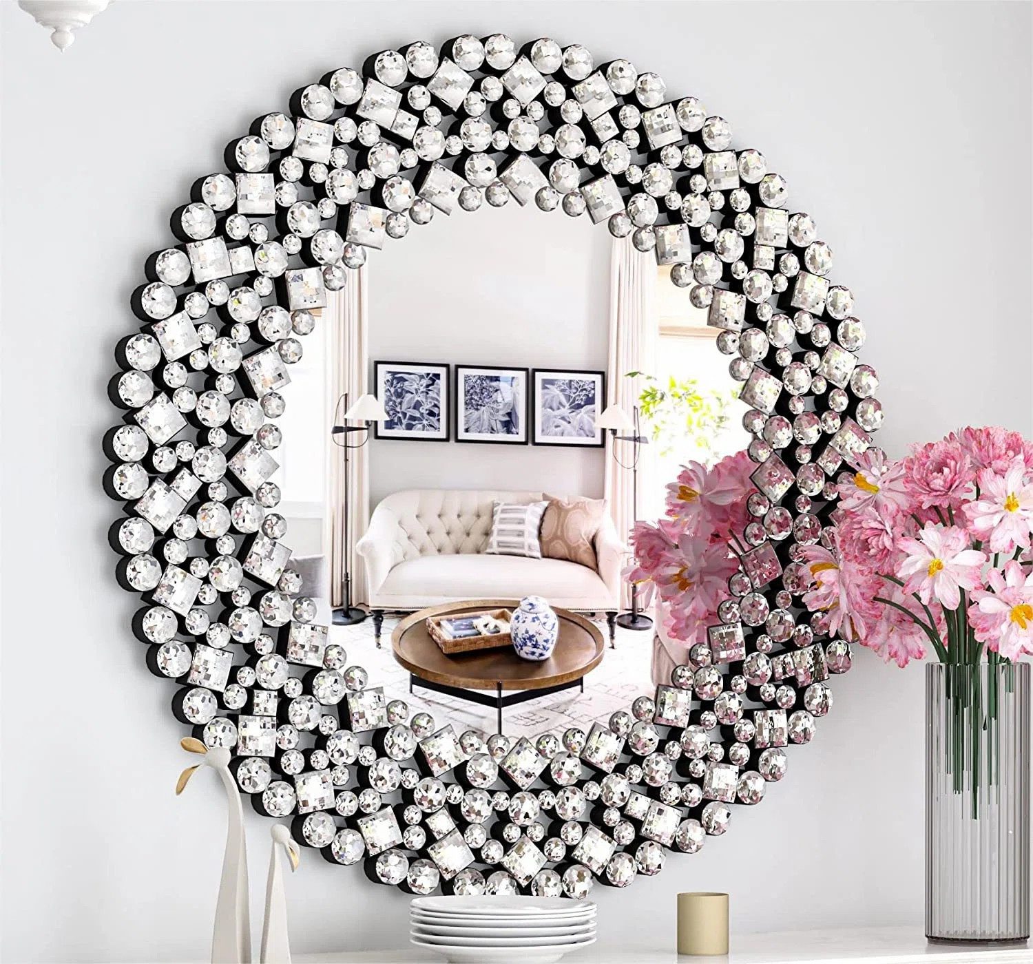 Yorbay Wandspiegel Barock Spiegel, Rund, mit Diamant Kristall Dekoration, D günstig online kaufen