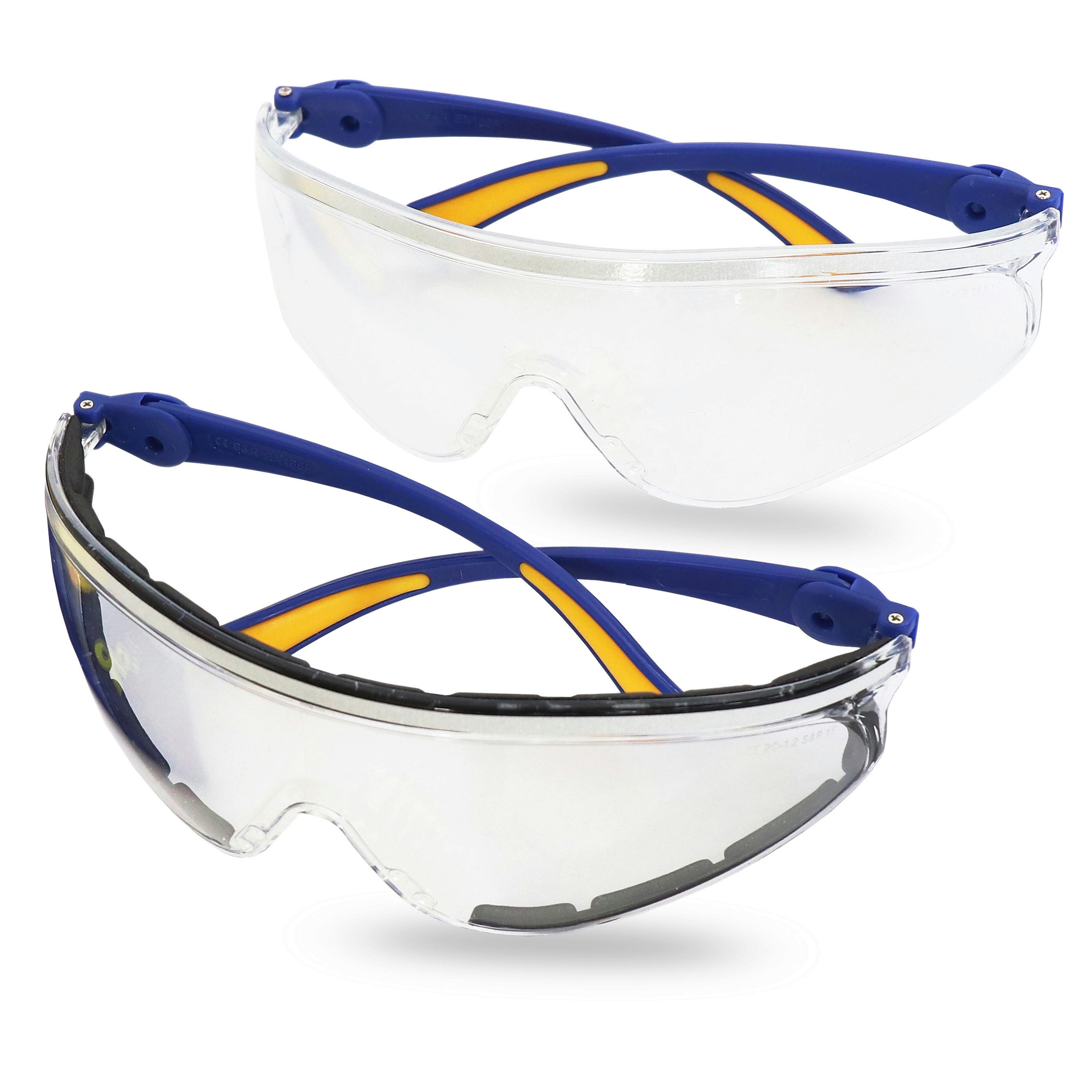 S&R Arbeitsschutzbrille COMFORT-Line, kratzfestes Polycarbonat, stoßfest, EN 166, (Set, 2St., 2 bequeme Sicherheitsbrillen + Schutzhülle und Tuch), verstellbare Bügel, transparent, EN 166, UV 400 Schutz