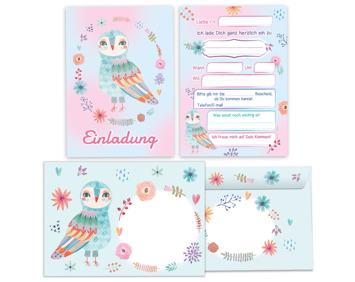JUNAPACK Einladungskarten Eule zum Kindergeburtstag Einladungen mit Umschlägen Karten Waldtiere, Einladungskarten mit Umschlägen zum Kindergeburtstag Eule Waldtiere