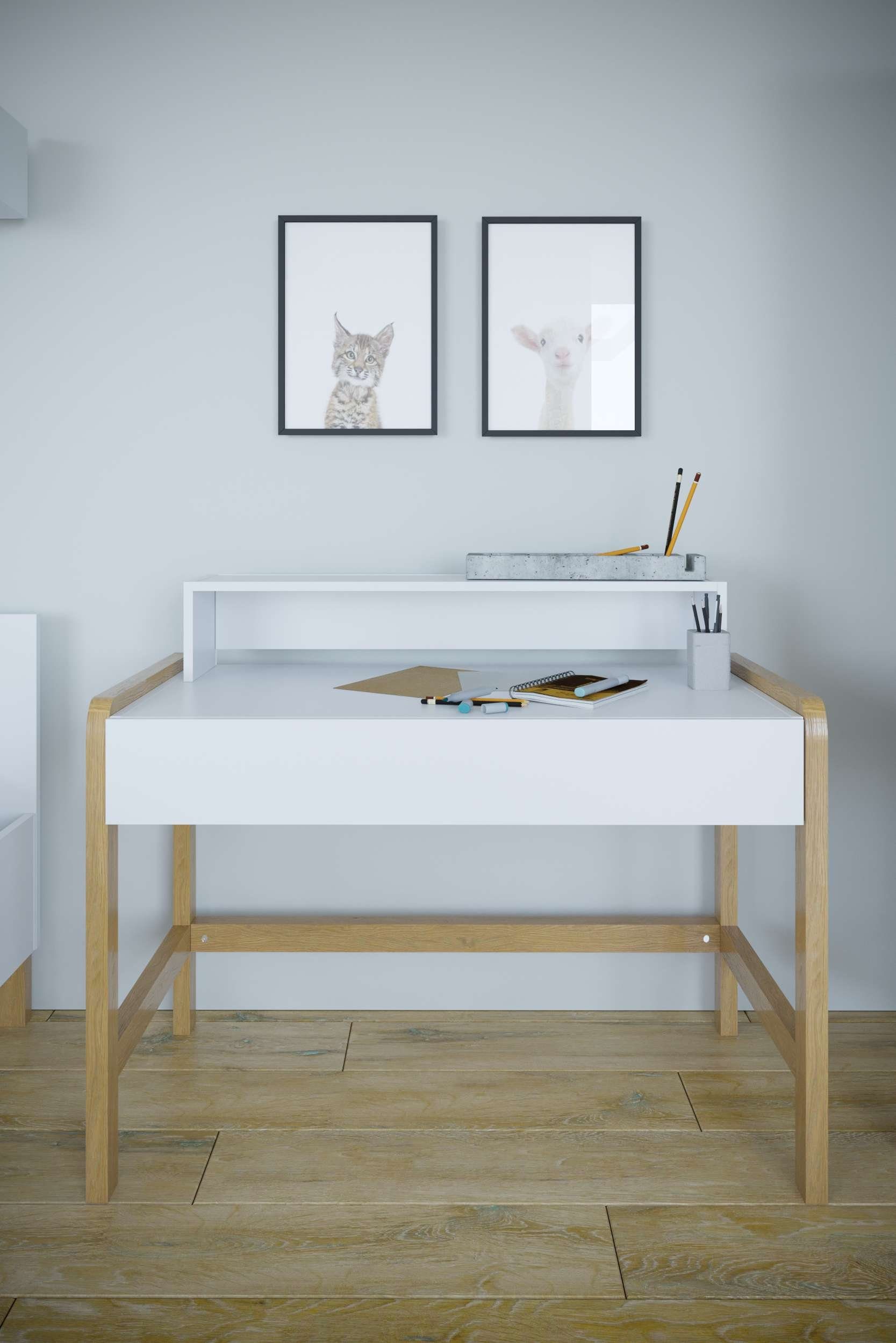(Schreibtisch, Arbeitstisch), viel für Stauraum, stellbar, Stylefy Tobot aus Eiche Weiß variabel Soft-Close Holzwerkstoff, mit Kindertisch Push-to-Open, und Funktion Kinder