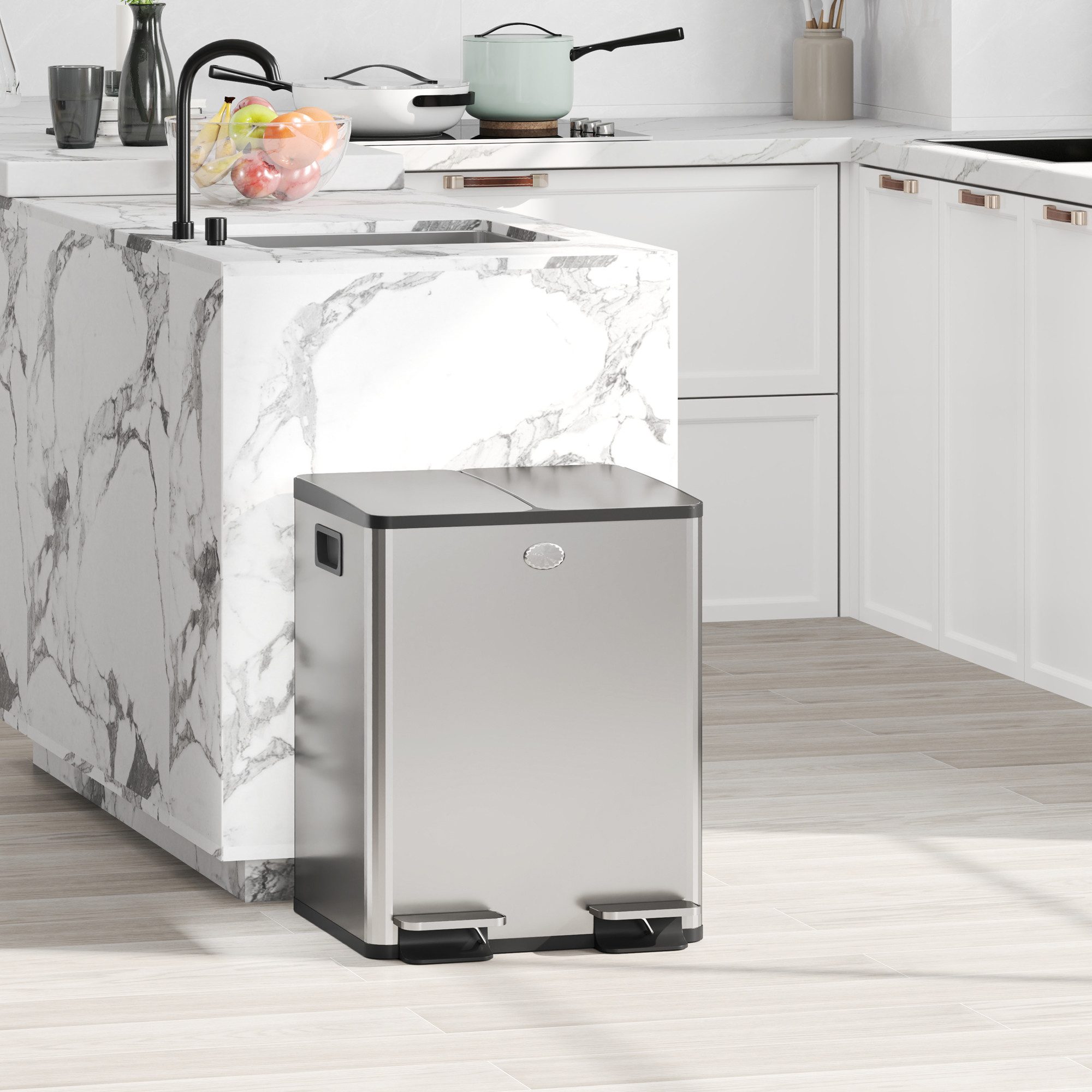 HOMCOM Mülltrennsystem 2 x 20L Abfalleimer aus Edelstahl mit Softclose Deckel, Inneneimer, für Wohnung, Silber