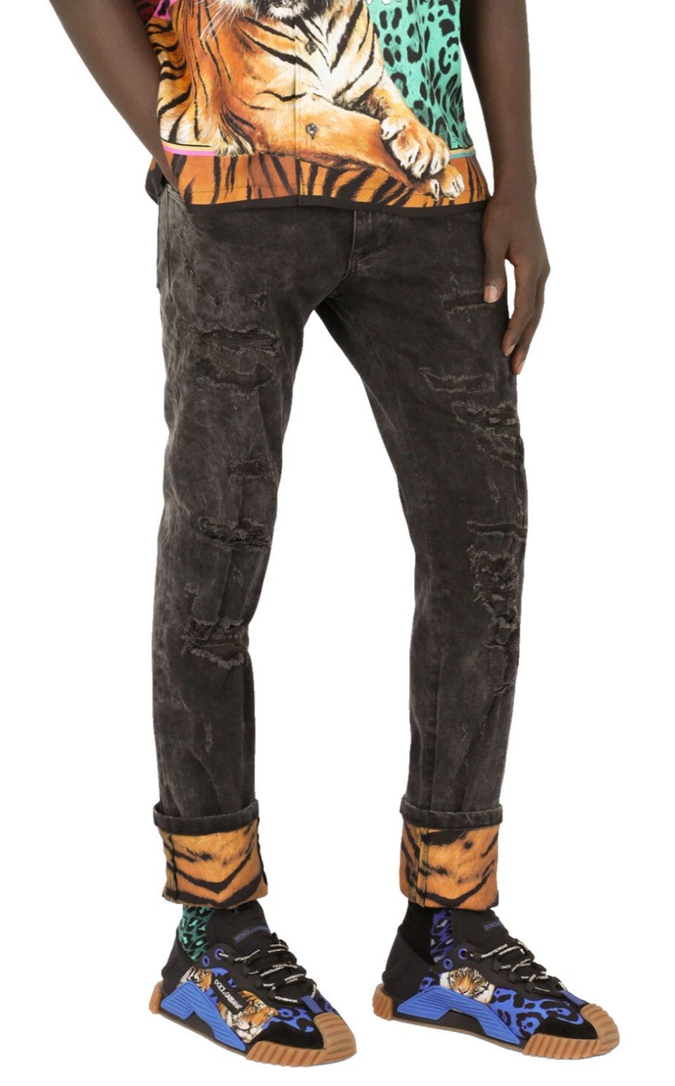 DOLCE & GABBANA 5-Pocket-Jeans Джинсы Limited Ny Tiger Stretch Slim FIt Röhrenjeans Denim Logo-Plakette aus Metall, Tigerprint-Details
