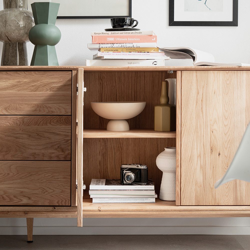 Lomadox Sideboard CUNEO-137, Massivholz Eiche bianco Push-to-open 221,6x81,9x41,5 cm