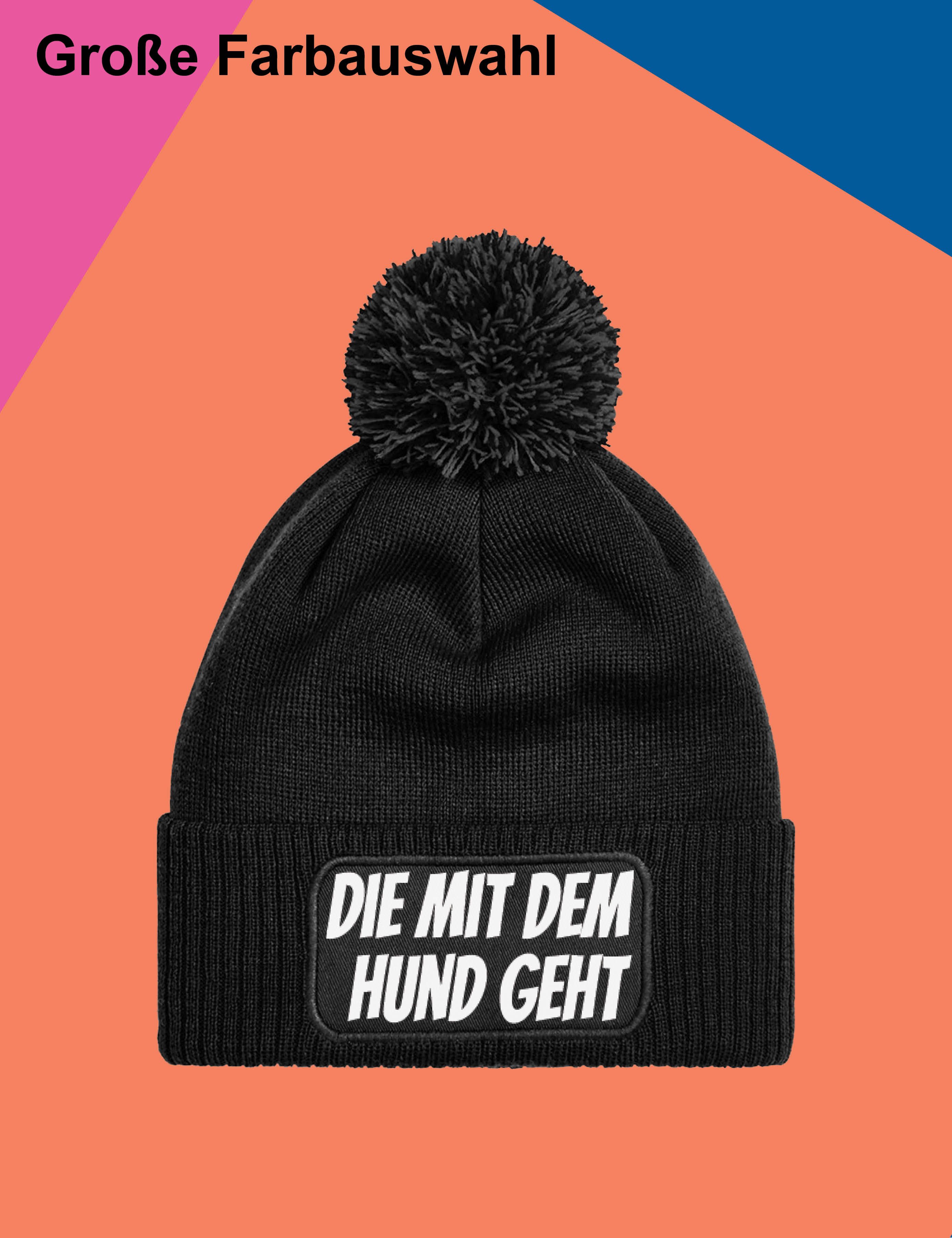 Youth Designz Bommelmütze Damen Strick Bommel Beanie Mütze mit "DIE MIT DEM HUND GEHT" Aufdruck mit lustigem Spruch für Frauen