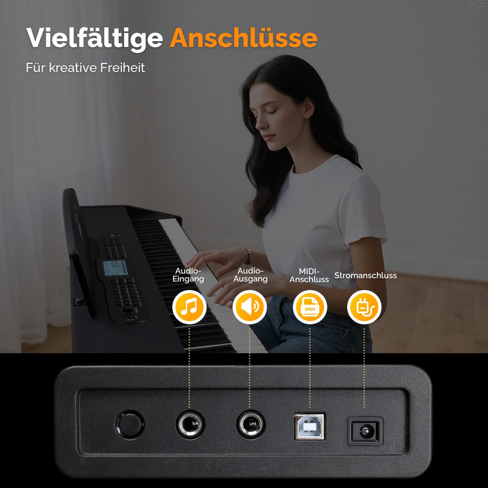 VINGLI Digitalpiano GDP-104 E Piano 88 Tasten, vollgewichtete Tastaturen, Dual Bluetooth, Digitalpiano mit Klavierständer, Weiß/Schwarz/Schwarznussbraun – Bild 5 von 5