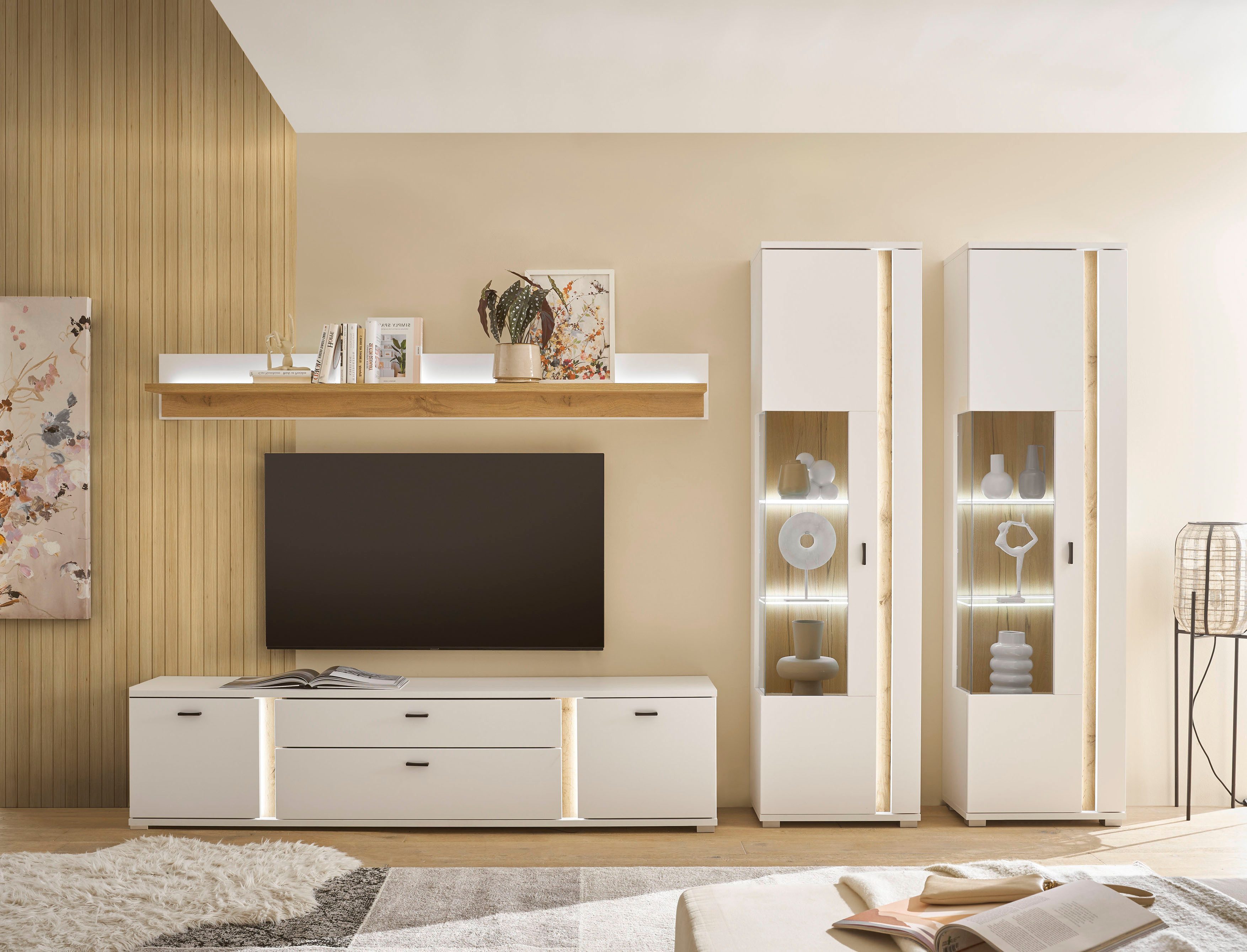 Home affaire Wohnwand LONG ISLAND, (Set, 4-St), in moderner Trendfarbe,inklusive senkrechter Beleuchtung,Breite 330 cm