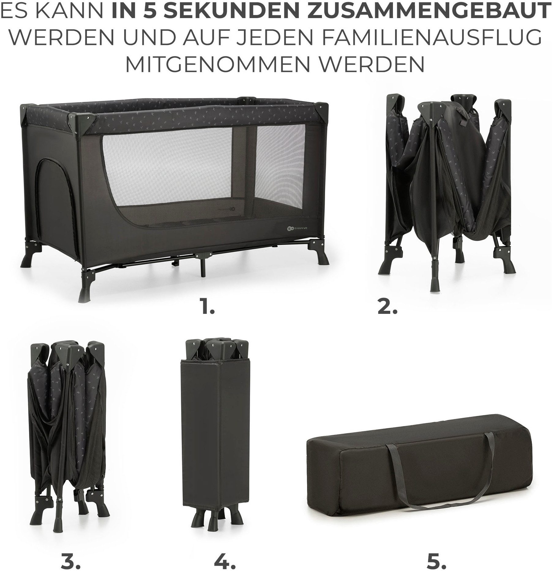 Kinderkraft Baby-Reisebett 2in1 JOY LIGHT, grau, mit Tragetasche