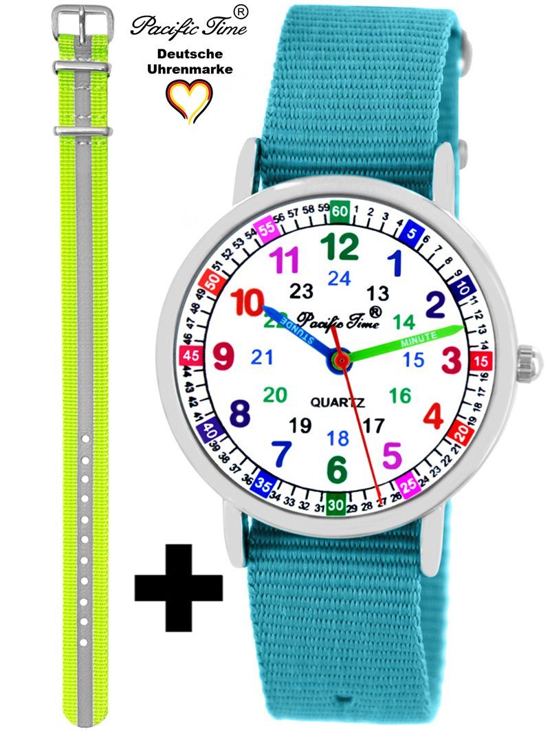 Match Set Lernuhr Gratis Pacific Time - gelb Design hellblau Wechselarmband, Versand Kinder Armbanduhr Reflektor Quarzuhr und Mix