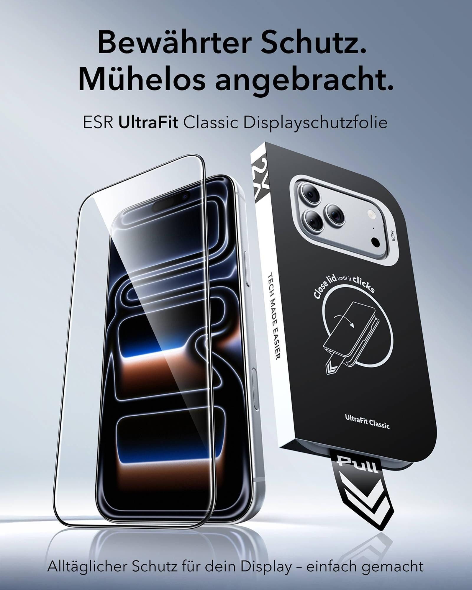 ESR Displayschutzglas Tempered-Glass Displayschutz für das iPhone 18 Pro für Apple iPhone 18 Pro/17 Pro, 9H-Härte, 7-fache Stoßdämpfung, UltraFit Aufbringhilfe – Bild 2 von 5
