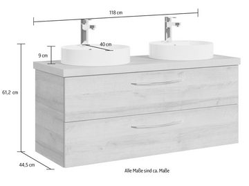 Saphir Waschtisch Serie 4035 zwei Keramik-Aufsatzbecken mit Unterschrank, 118 cm breit, Waschplatz, 2 Schubladen, inkl. Schubladendämpfer, Griffe Chrom Glanz