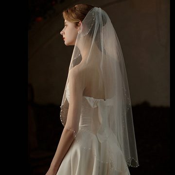 AUKUU Kopftuch Wellenrand Wellenrand Schleier einlagig handgefertigter, perlenbesetzter weißer Braut Hochzeitsfoto Kopfschmuck