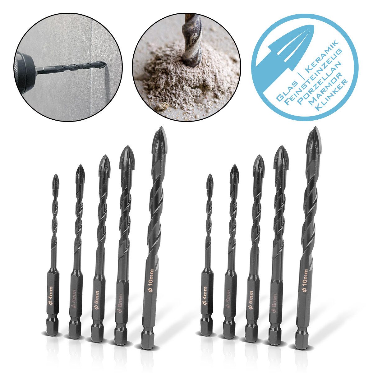 STAHLWERK Glasbohrer Glasbohrer Fliesenbohrer 10er Set, (Set, 10-tlg., Set), 5 Teile Bohrer Set