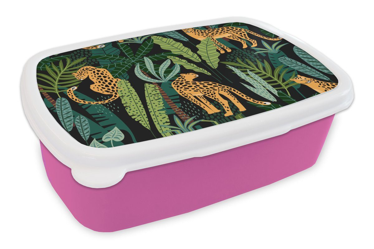 MuchoWow Lunchbox Dschungel - Panther - Muster - Jungen - Mädchen - Pflanzen, Kunststoff, (2-tlg), Brotbox für Erwachsene, Brotdose Kinder, Snackbox, Mädchen, Kunststoff rosa