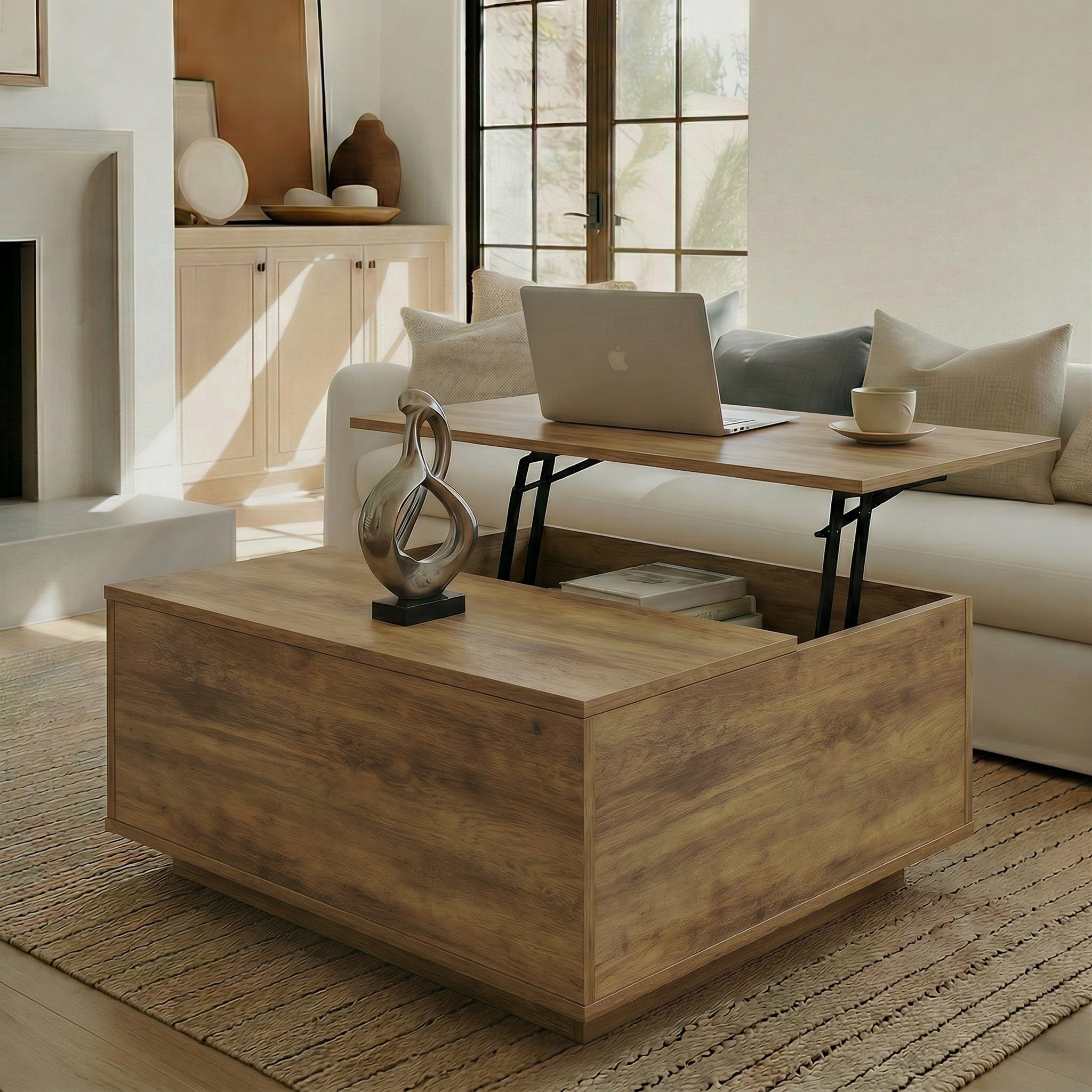 FABATO Couchtisch eckig höhenverstellbar mit verstecktem Staufach Landhaus-Design (1-St), für Wohnzimmer & Home Office