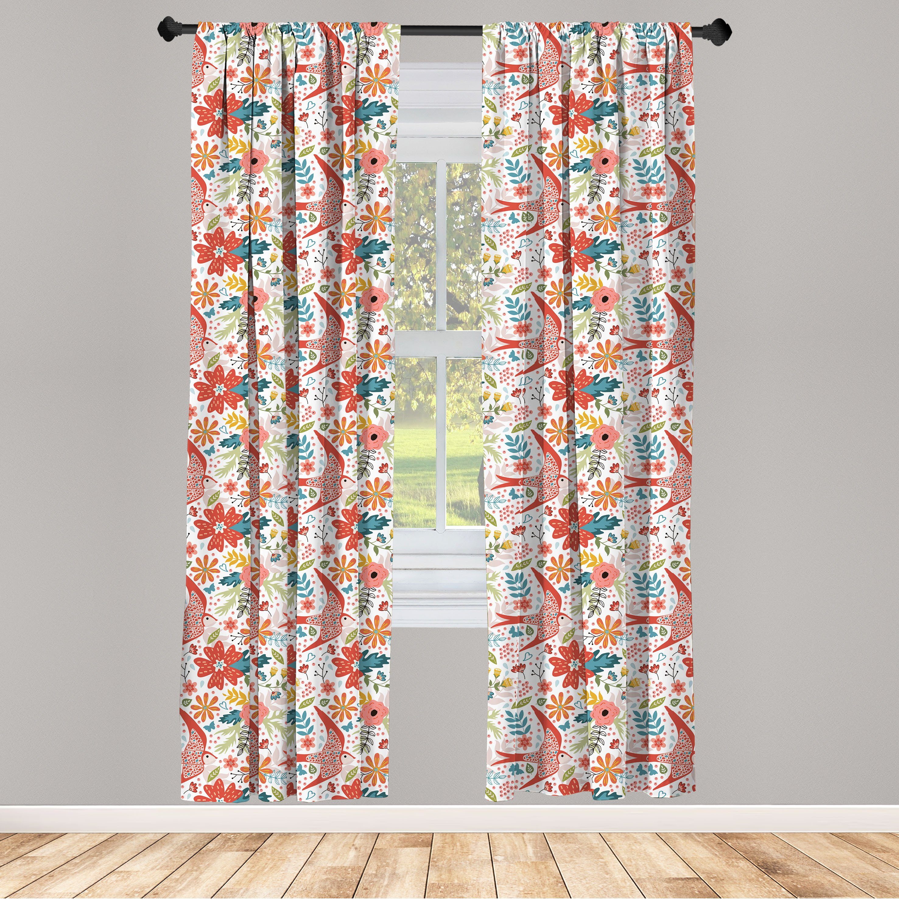 Gardine Vorhang für Wohnzimmer Schlafzimmer Dekor, Abakuhaus, Microfaser, Blumen Frühlings-Blüten-Vogel-Blumen