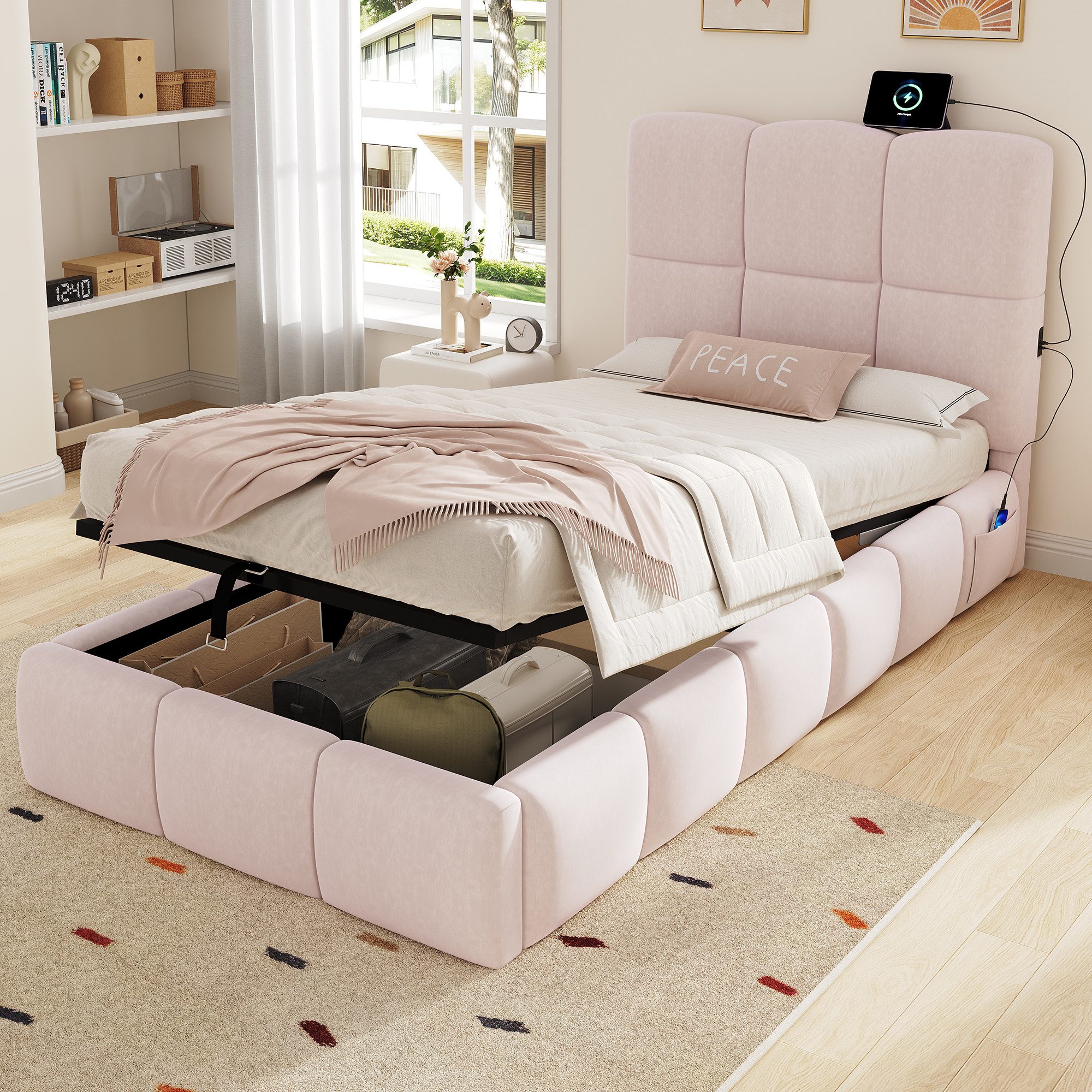 REDOM Polsterbett Gepolstertes Kinderbett mit schlichtem Design (Packung, Rosa, Samt, 90x200 cm, ohne Matratze), USB, abgerundete Kanten, mit Hydraulik-Bettkasten