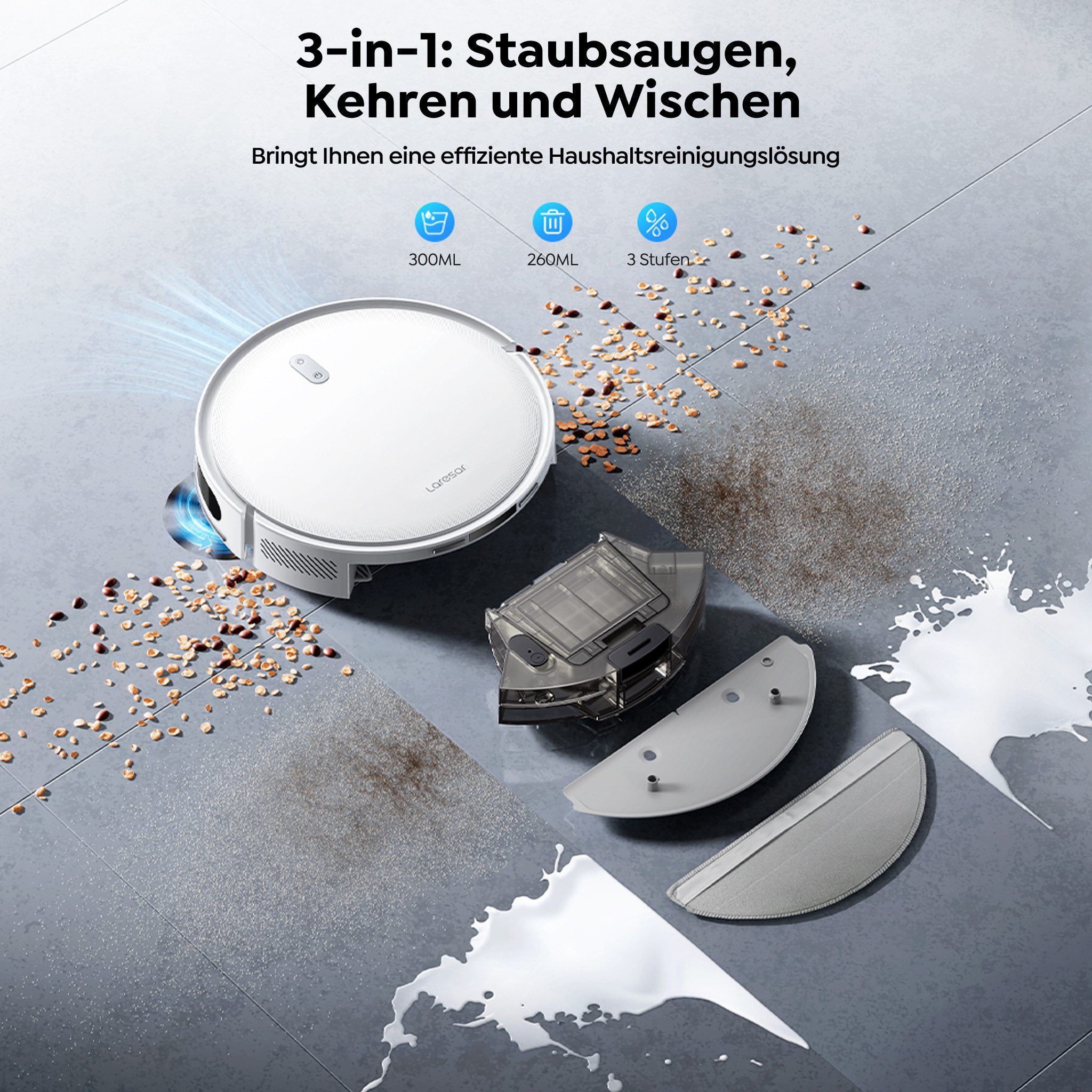 Laresar Saugroboter mit Wischfunktion 10000 Pa Saugkraft, 150 Min Laufzeit, 60 W, beutellos, 200 m² Abdeckung, 300 ml Wassertank,App-Steuerung