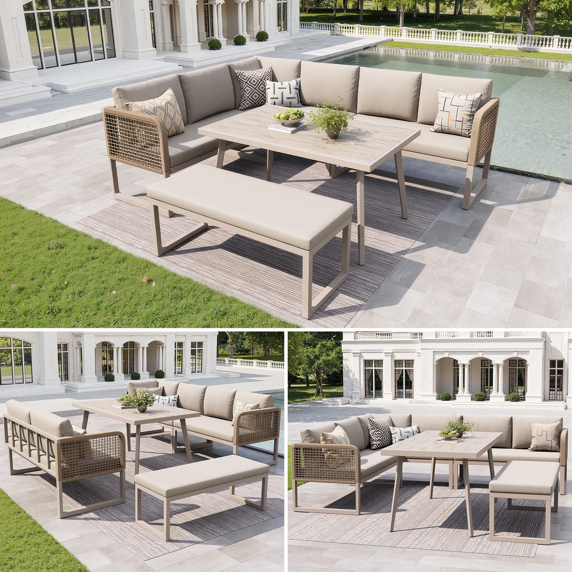 MC Star Gartenlounge-Set Gartenmöbel Set mit Hochwertigen Sitzkissen & Rückenkissen, (Garten Loungesessel für 6-8 Personen, SetHandgeflochtene PE-Rattan Polstergruppe, Wetterfestes Terrassen Sofa Set, Beige)