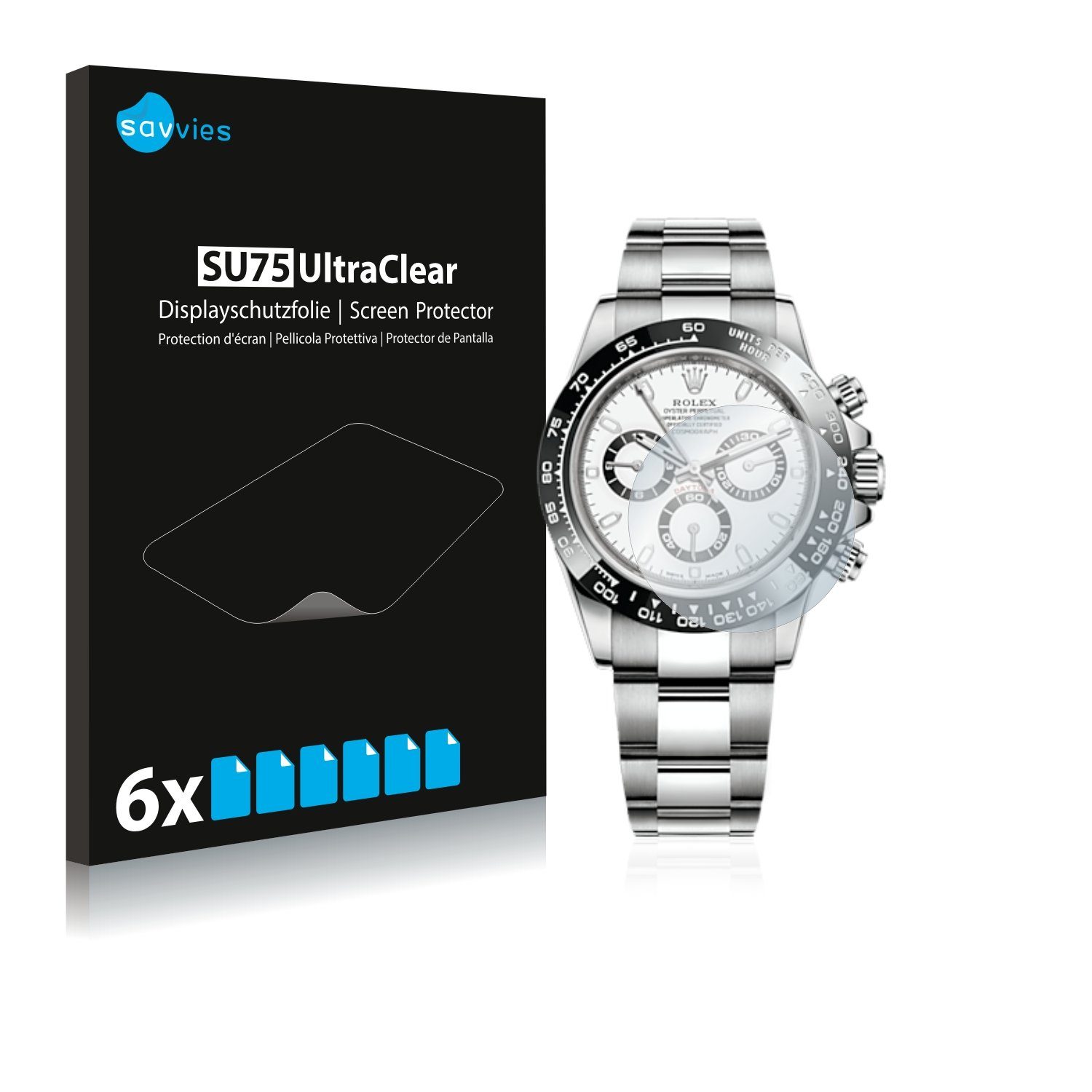Savvies Displayschutzfolie Schutzfolie für Rolex Cosmograph Daytona (40 mm), 6 Stück, Displayschutz Schutz Folie Klar Transparent