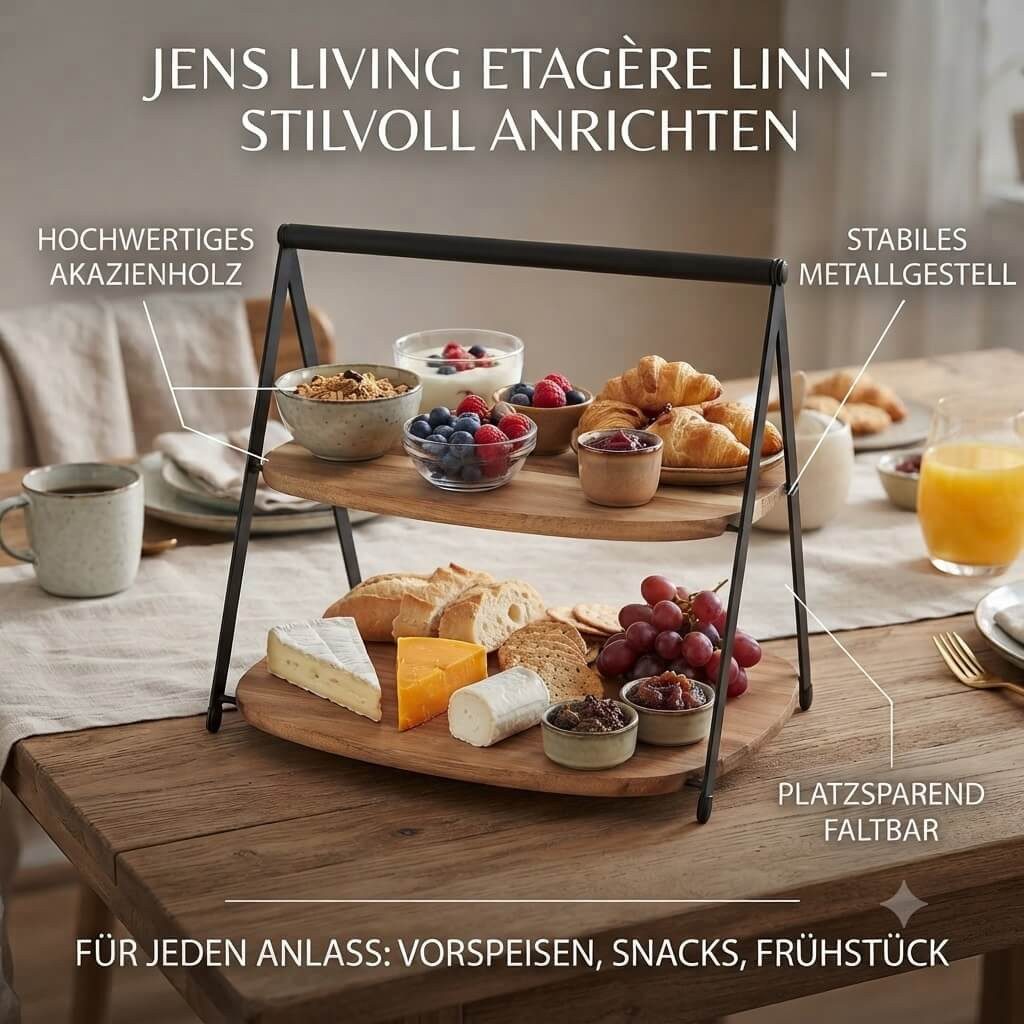 Jens Living Etagere Faltbarer Etagenständer Linn, 2 Etagen Akazienholz, Etagère, Holz, Metal, (1-tlg), Akazienholz, faltbar, 2 Etagen, Metallgriff, lebensmittelecht