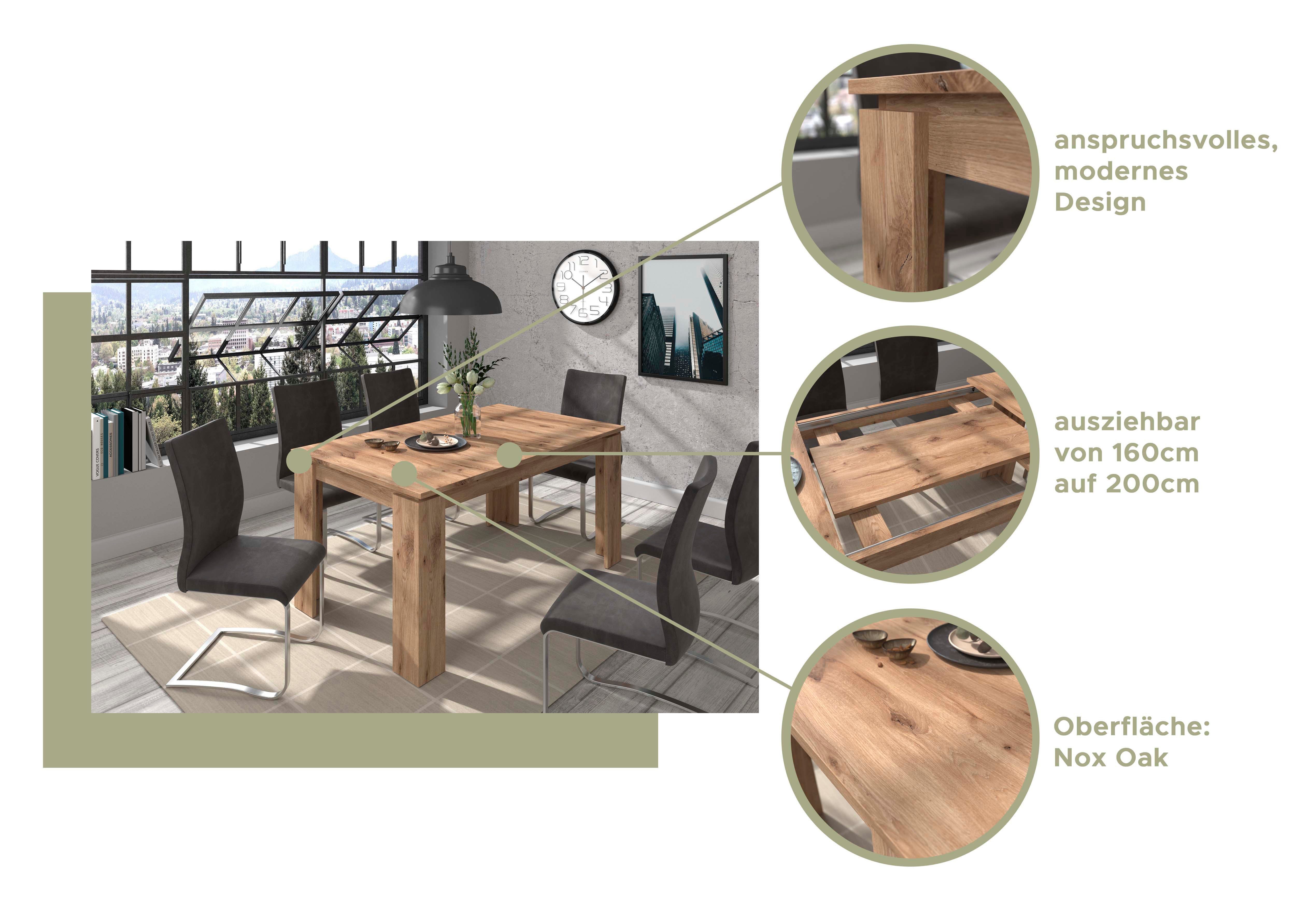 Home affaire Esstisch Kalmar, rechteckig, 160 cm ausziehbar auf 200 cm, inkl. Einlegeplatte, Esszimmertisch, Tisch, Küchentisch, dining table