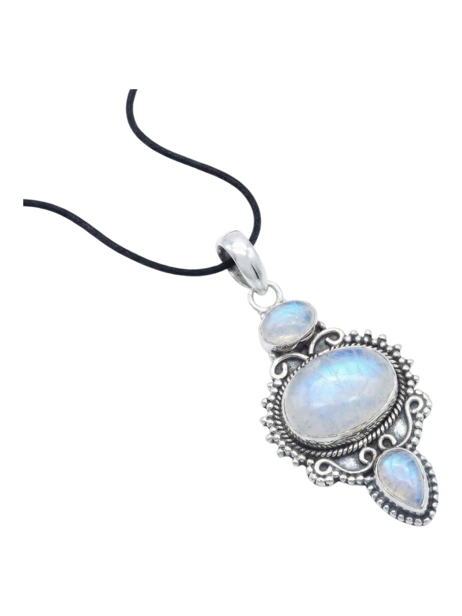 mantraroma Kettenanhänger BURUNG aus 925 Silber mit Regenbogen Mondstein (Kettenanhänger am Baumwollband im Schmuckbeutel), 925 Sterling Silber Kettenanhänger für Damen
