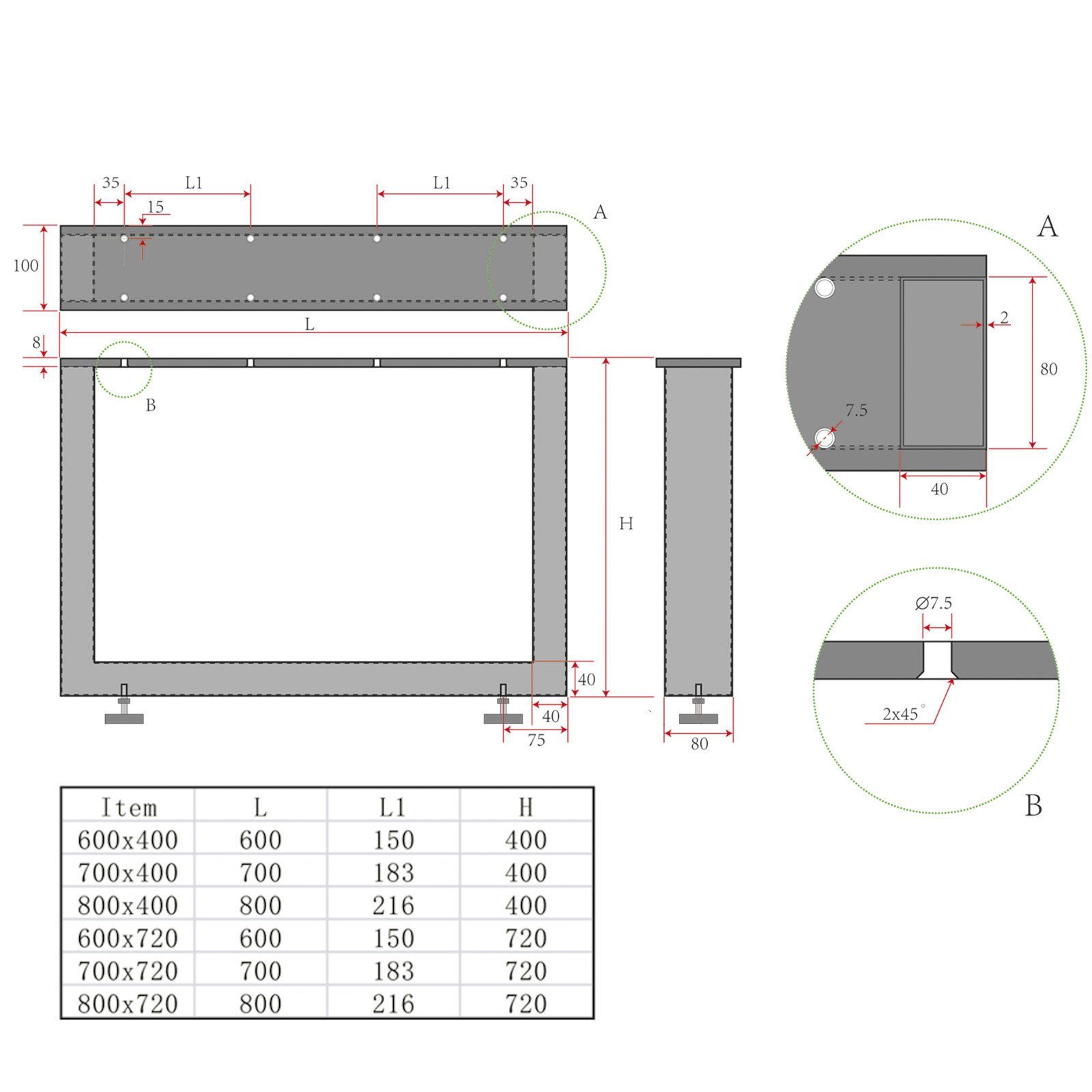 SO-TECH® Tischgestell 40 bis echt und mm Höhe: Edelstahl Tiefe: mm, 720 x Profil mm 800 KUFE 80