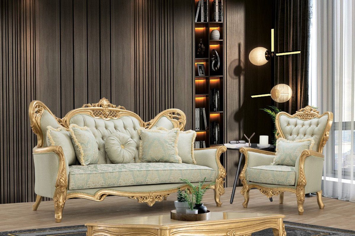 mit Sessel Muster Padrino Wohnzimmer - Gold und / Casa & Edel Luxus Sessel Wohnzimmer Sessel Glitzersteinen - Prunkvoll - Möbel Hellgrün elegantem Barock Barock Handgefertigter