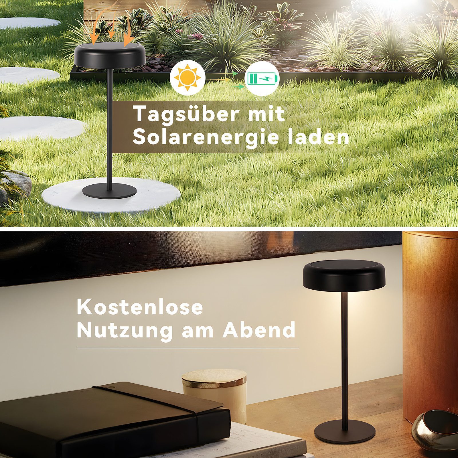 Nettlife LED Tischleuchte Solar Akku Nachttischlampe Kabellos 3600mhA Aufladbar mit USB, Touch Dimmbar, LED fest integriert, Modern Solarlampen für Wohnzimmer Schlafzimmer