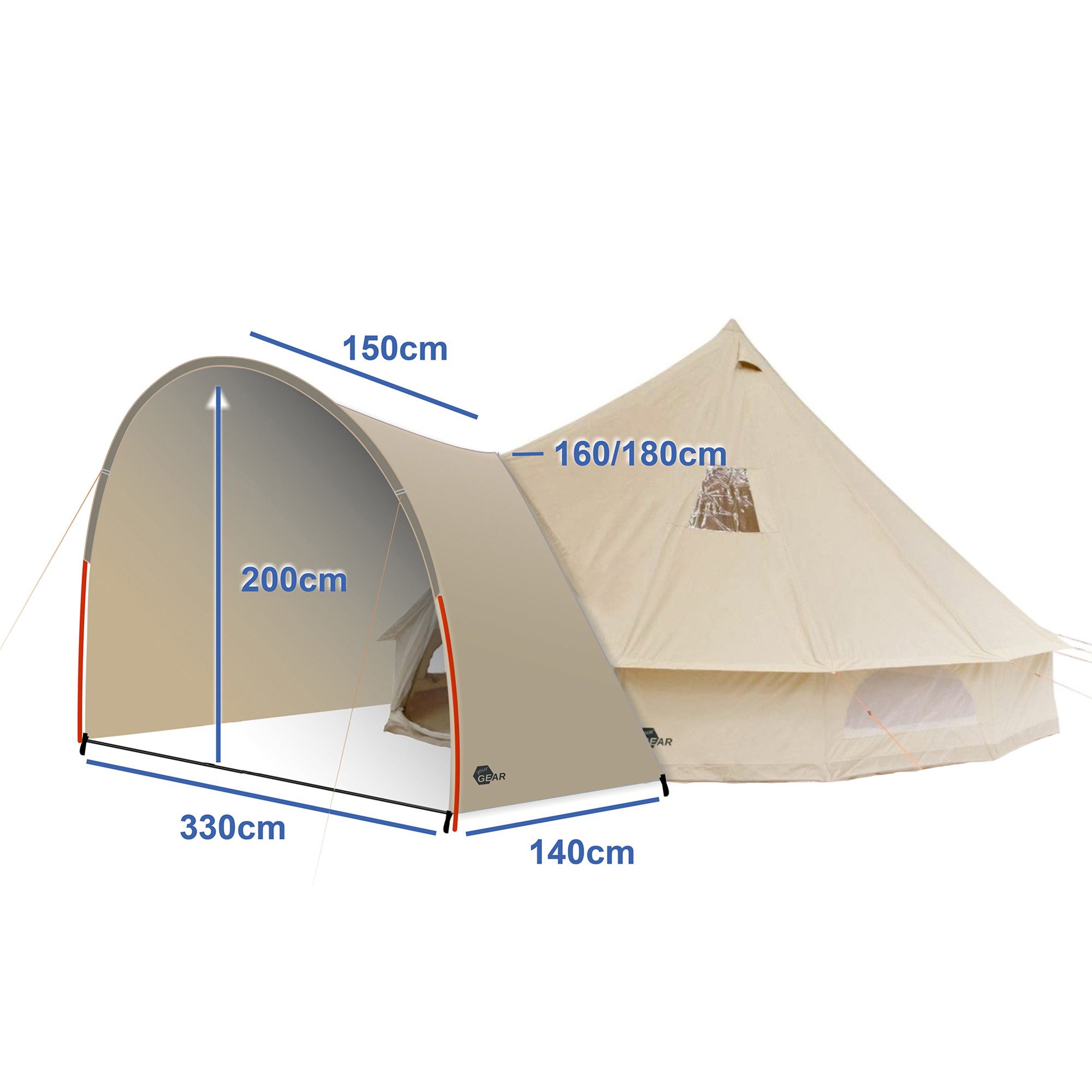 yourGEAR Tipi-Zelt yourGEAR Zelt Desert 10 Pro UV50+ Baumwolle Camping Tipi + Vordach, Personen: 10