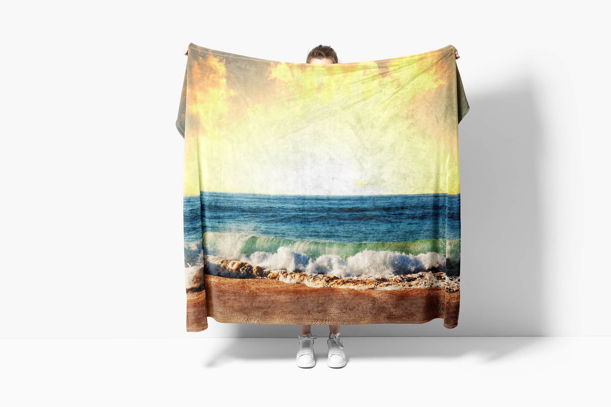 Wellen Horizo, Baumwolle-Polyester-Mix Strandhandtuch Handtuch Sinus Handtücher Meer (1-St), Art Kuscheldecke Handtuch Fotomotiv Saunatuch mit