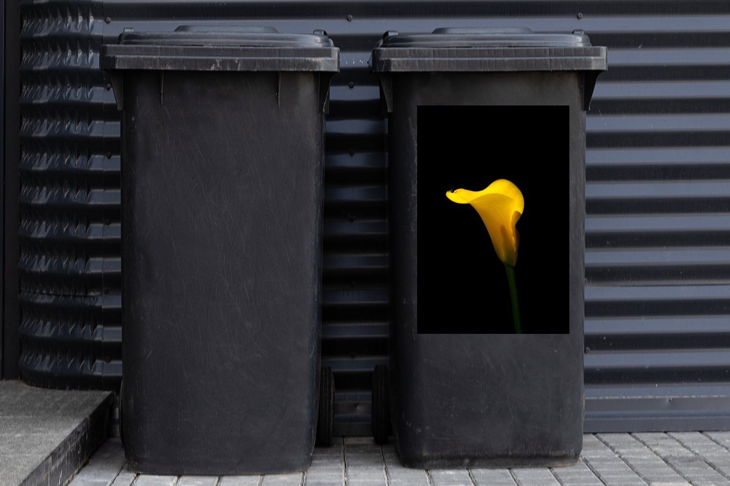schwarzem Abfalbehälter (1 MuchoWow Calla-Blume St), Mülleimer-aufkleber, Mülltonne, Hintergrund Wandsticker Sticker, Container, Gelbe auf