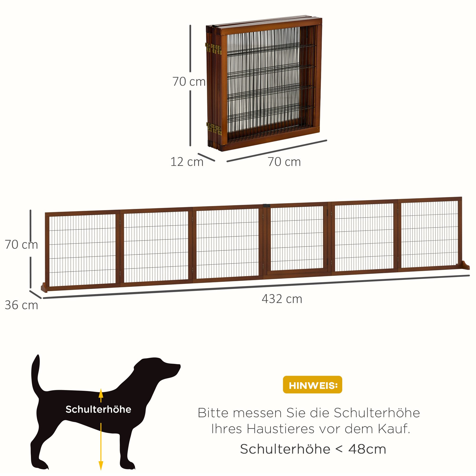 PawHut Hundegitter mit Füßen, klappbar (Absperrgitter für Hund, 1 St., verstellbares Schutzgitter aus Holz), 432 x 70 cm, für Treppen, Türen, Flur, 6 Paneelen, Kaffee