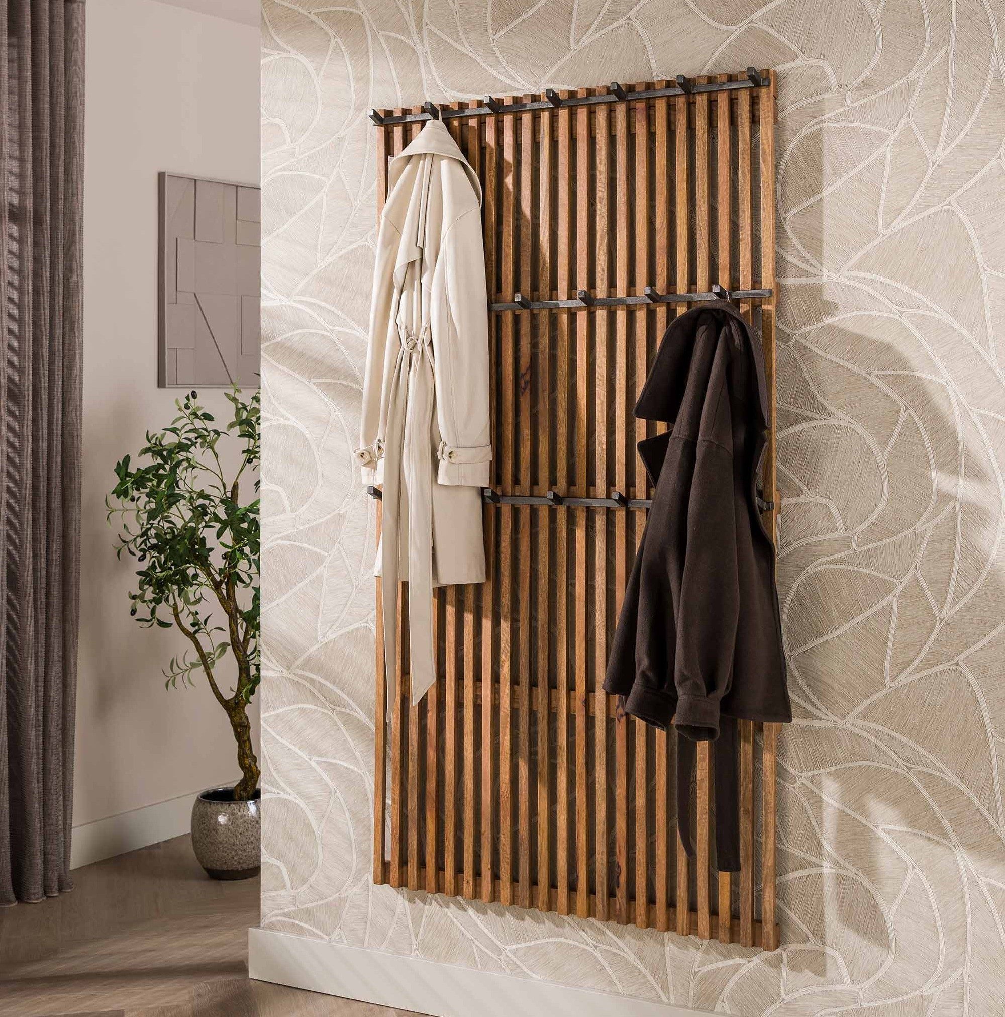 Maison ESTO Wandgarderobe VELANO Garderobe 180 cm aus massivem Mangoholz mit 20 Metallhaken, Modernes Lamellendesign für Flur und Diele