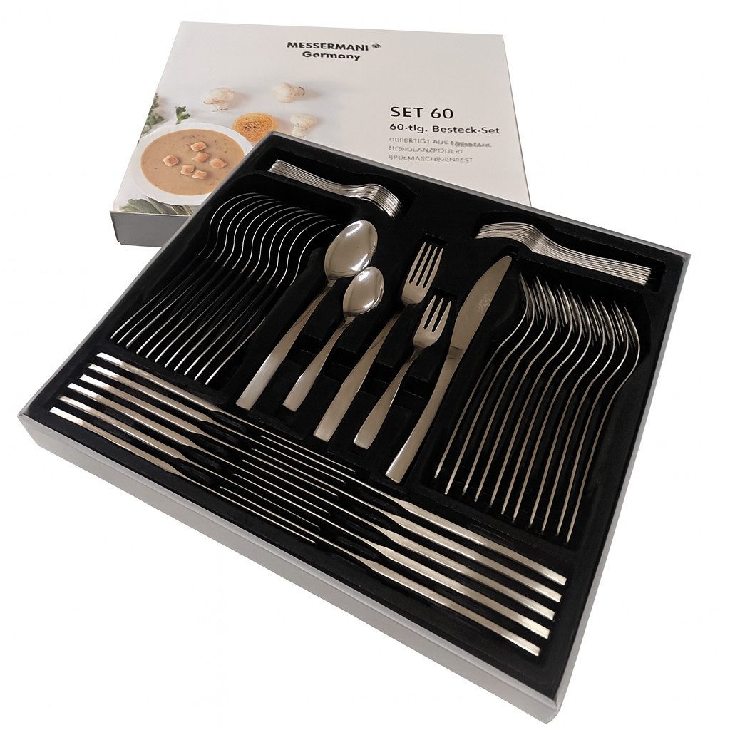 HOOZ Besteck-Set MS-6 (60-tlg), 12 Personen, Edelstahl, Vielteiliges Set für 12 Personen, Hochwertige Verarbeitung