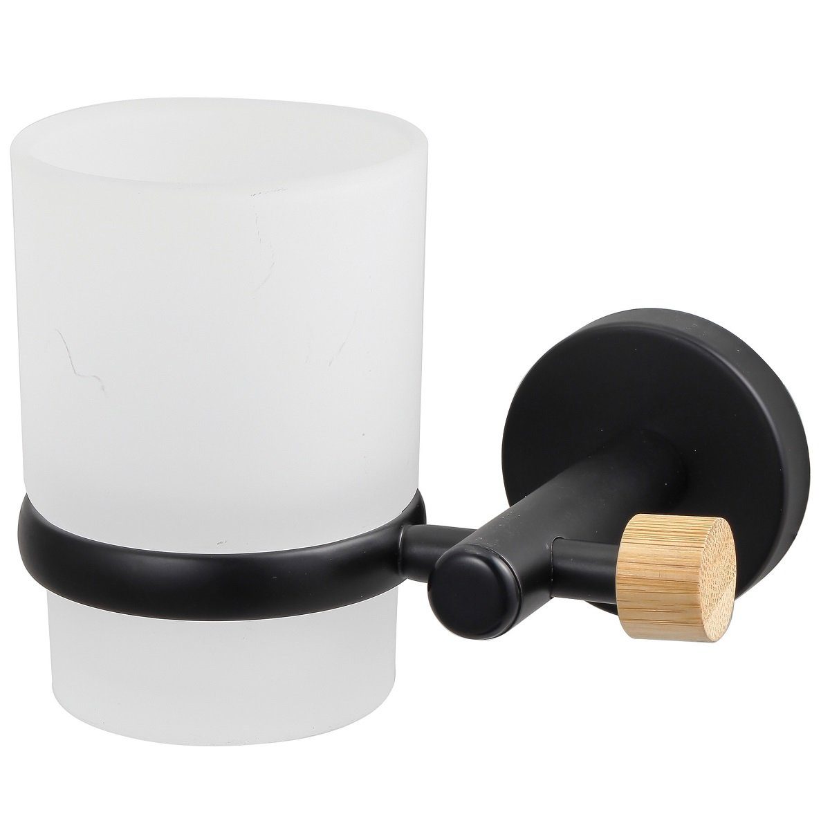 MSV Zahnputzbecher IANA, Zahnputzbecher zur Wandbefestigung, zum Verschrauben, Stahl, schwarz-matt, Zierknopf Bambus, Becher aus robustem Milchglas, trendige frosted matt Optik