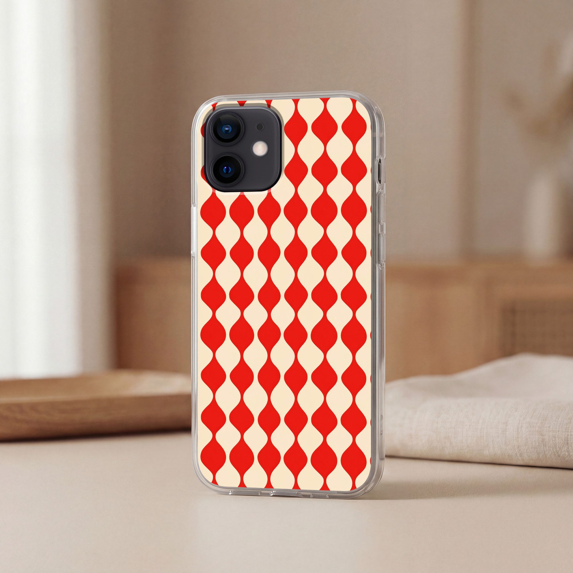 MuchoWow Handyhülle für Apple iPhone 12 Wellenförmiges Muster - Retro - Rot - Beige, Smartphone-Bumper, Print, Handy Schutzhülle Dünn