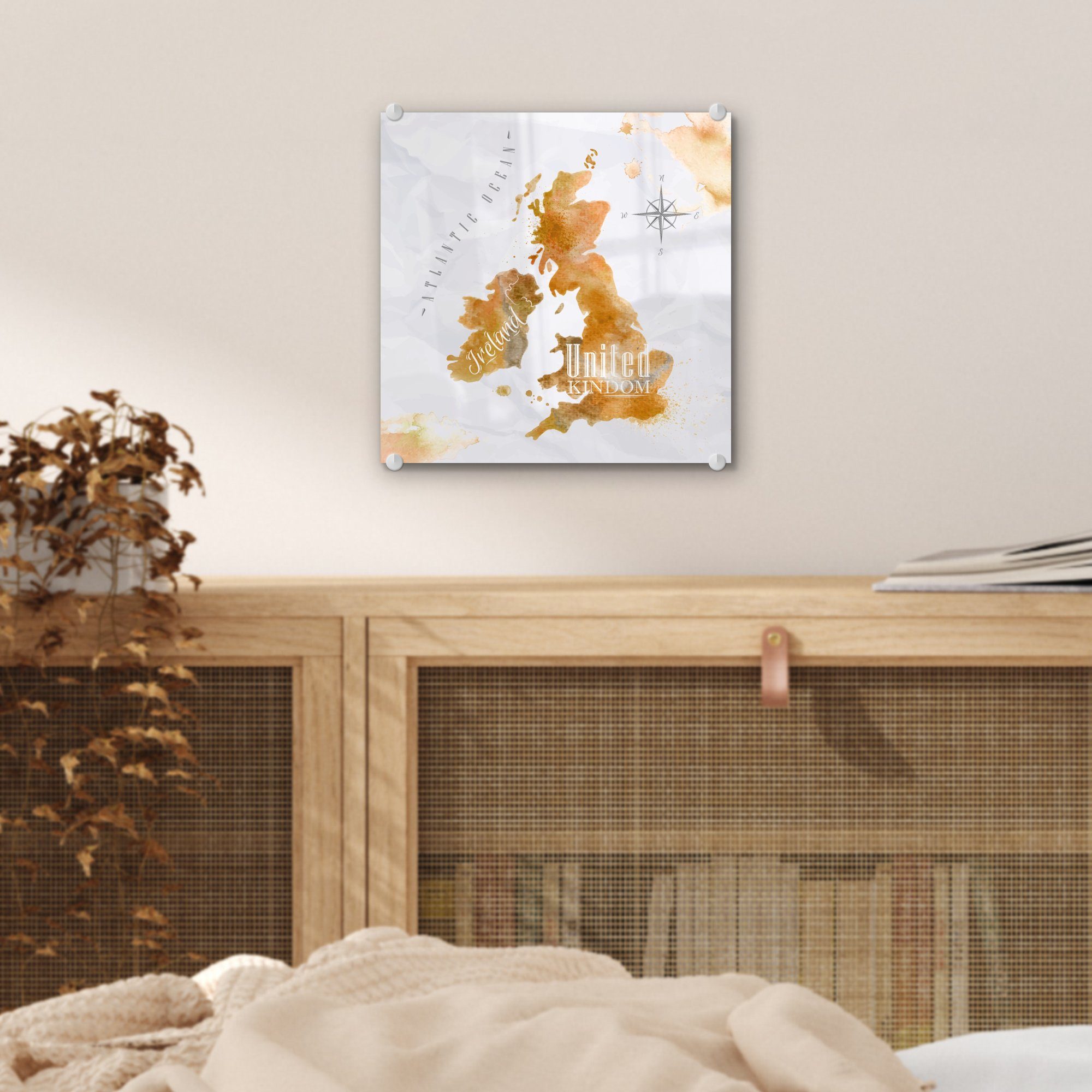 Wandbild - Foto Weltkarte - Wanddekoration England Acrylglasbild Glas MuchoWow - Glasbilder (1 Aquarell, auf - auf Glas Bilder St), -